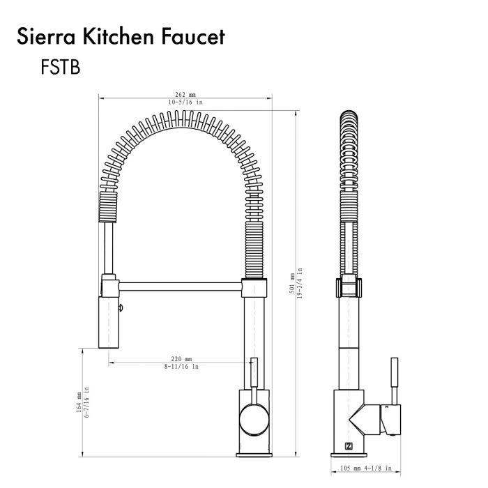 Chrome kitchen faucet dimension diagram with arched sprayer and handles