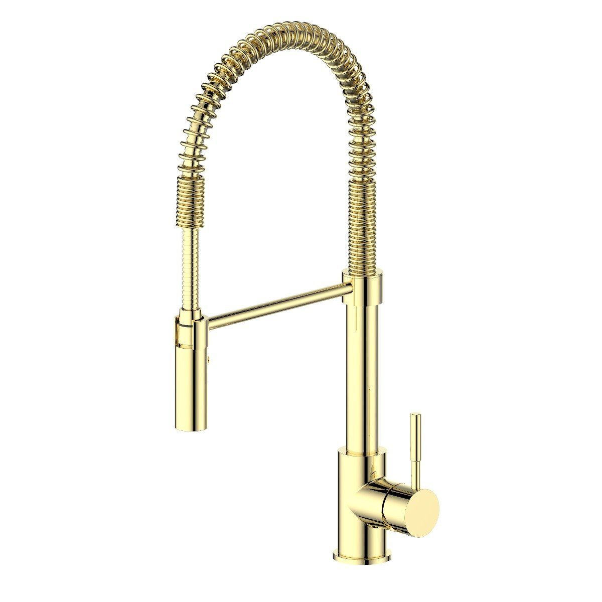 Polished gold kitchen faucet with coiled pull-down sprayer and side control lever