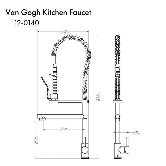 Gun metal kitchen faucet diagram with arched spout and coiled spring sprayer hose