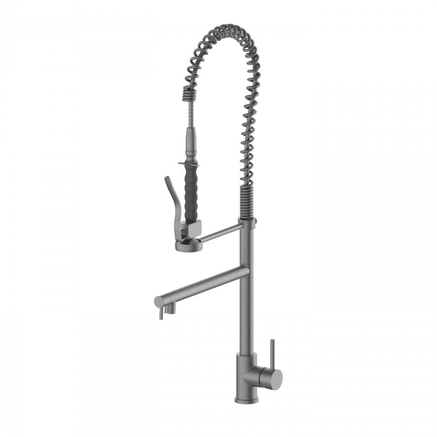 Gun metal pull-down kitchen faucet with coiled spring sprayer hose and side lever handle