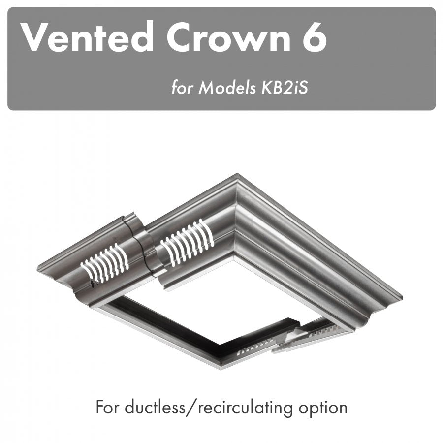 Vented crown molding profile 6 for island range hood, brushed stainless metal trim