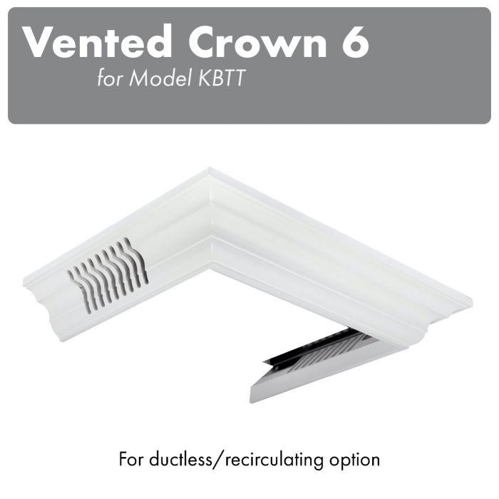 Vented white crown molding hood trim for wall mount, with vent grille on corner
