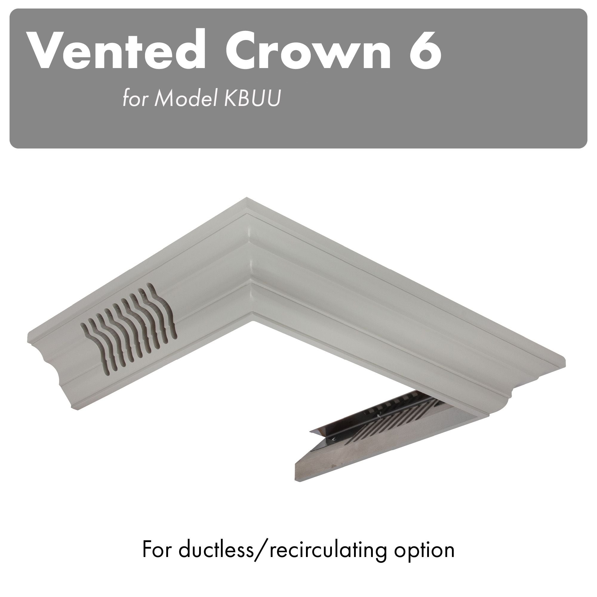 Gray vented crown molding profile corner for wall-mount range hood, with vent slots