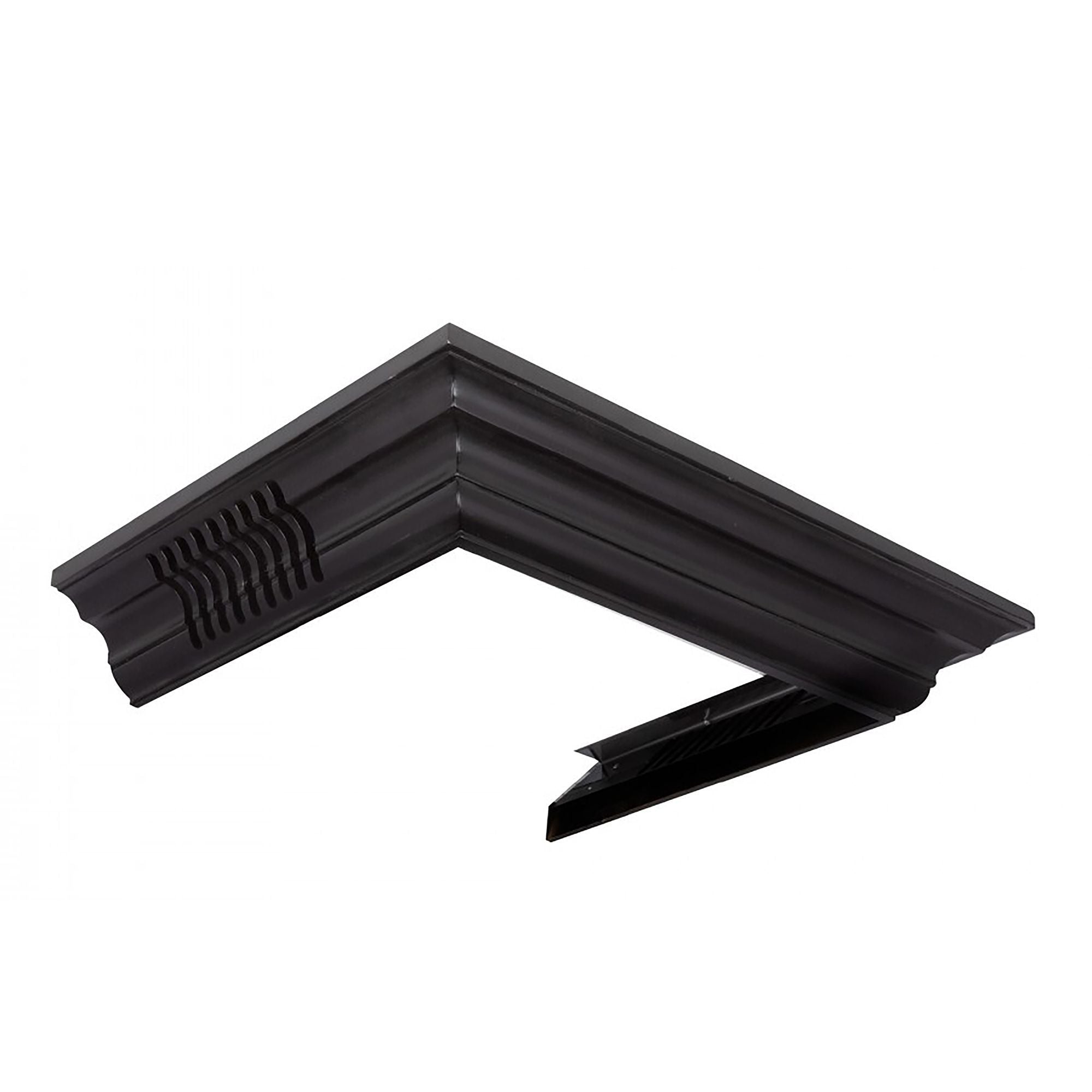 Black vented crown molding corner with vent openings for wall-mounted range hood