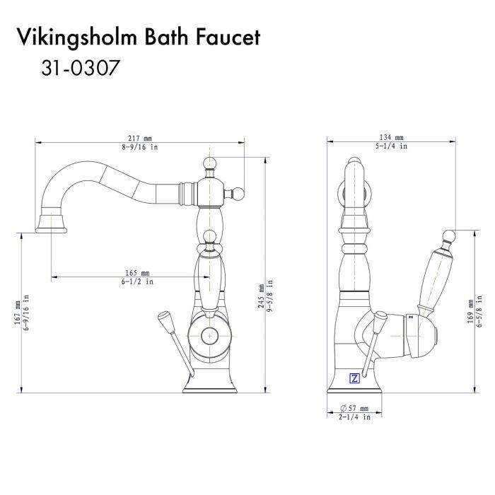 Chrome bath faucet technical line drawing showing dimensions and handle layout.