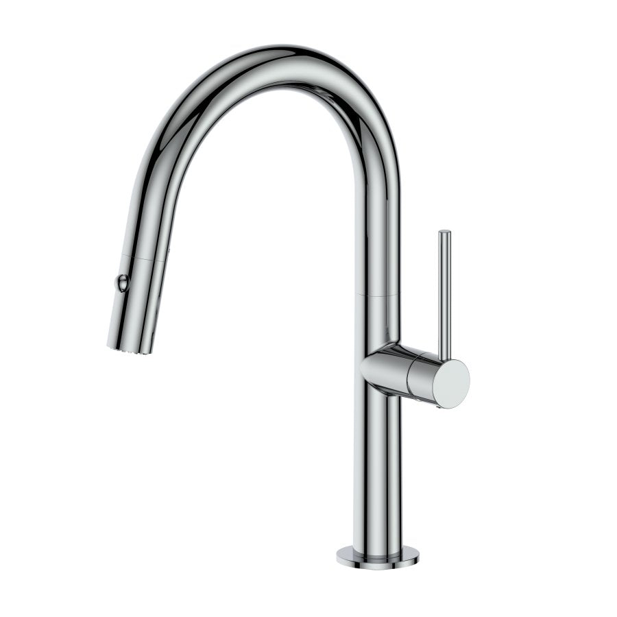 Chrome single-handle kitchen faucet with tall curved spout