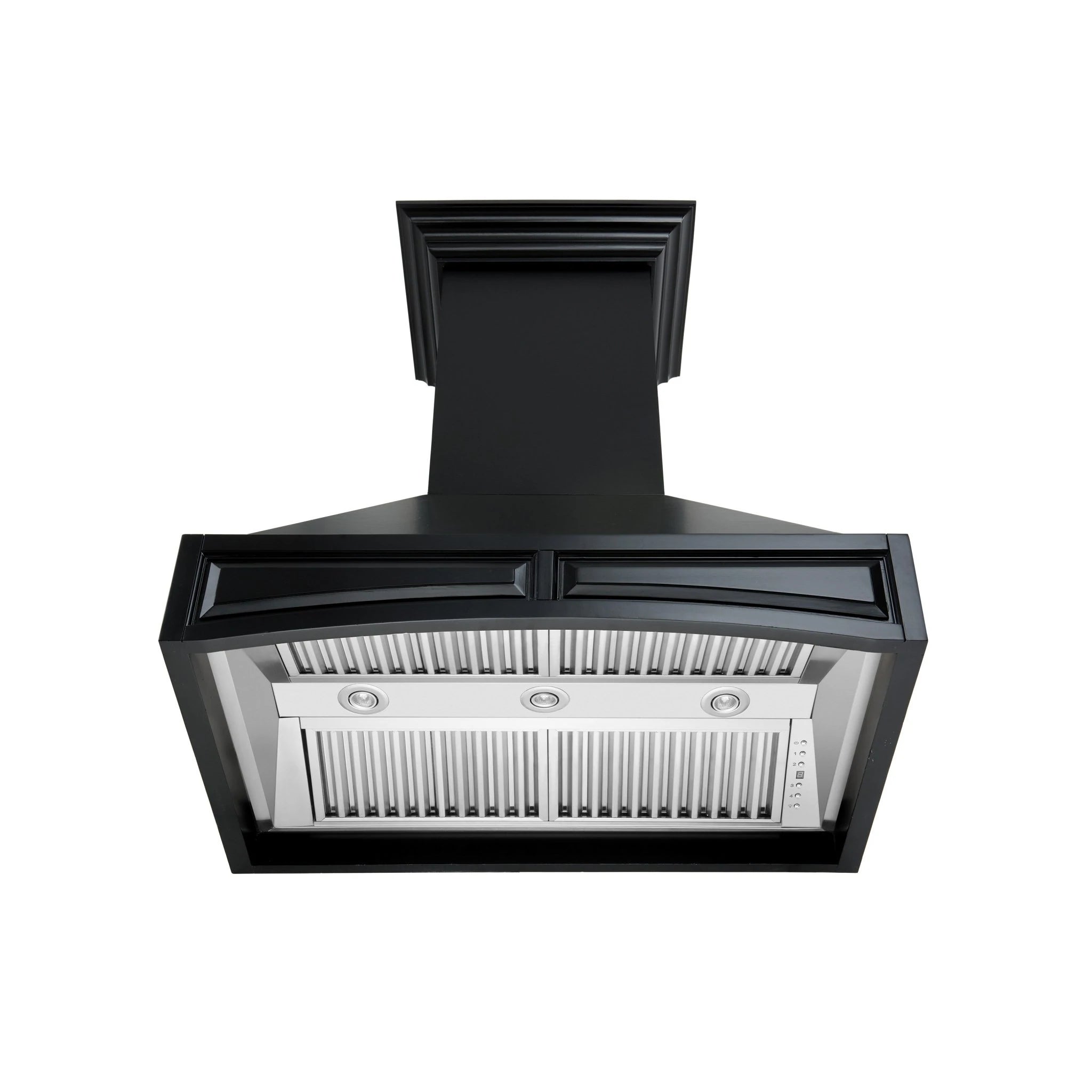 Black wall range hood with front vent grille and chimney chimney stack, studio view