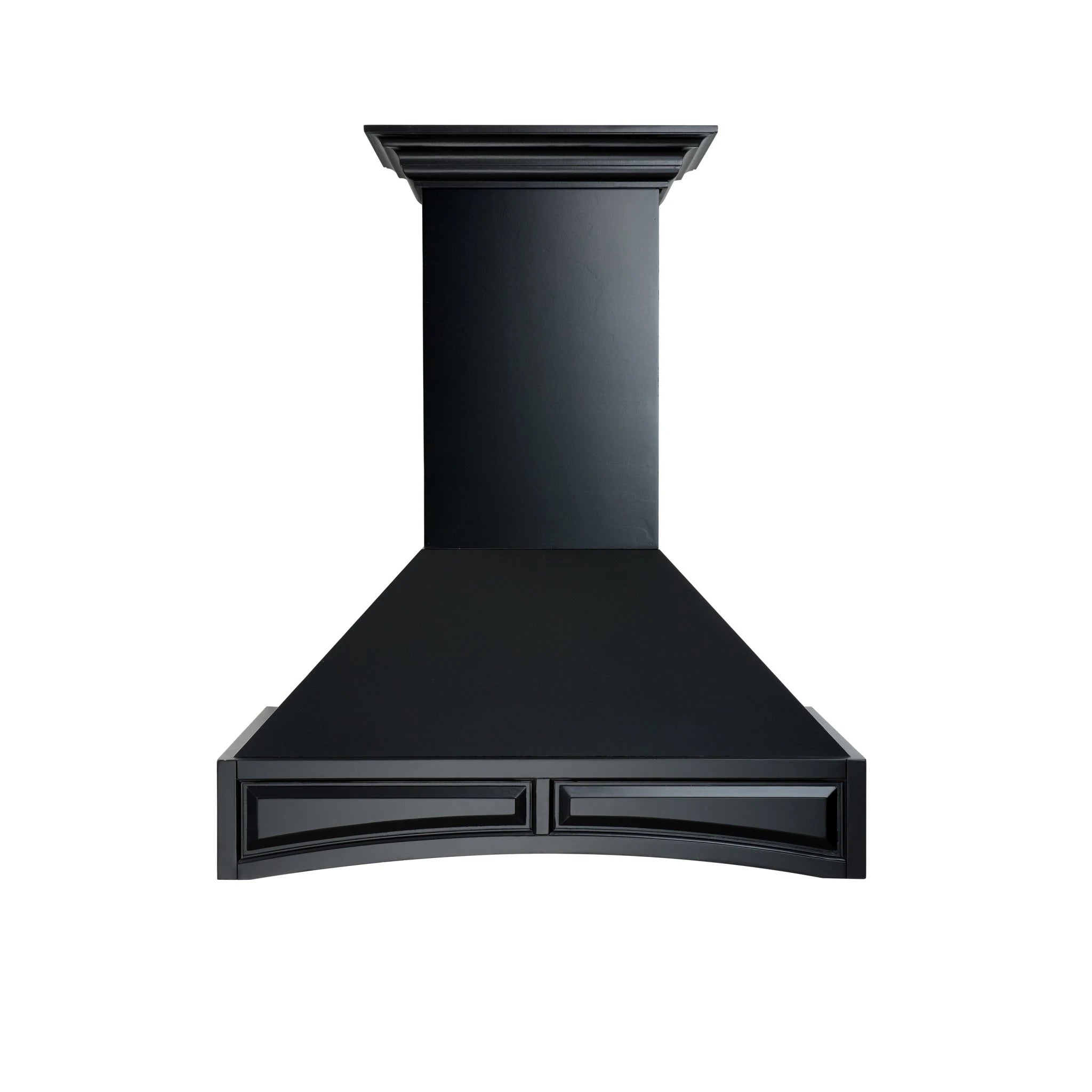 Black wall range hood with crown top and centered front vent panel