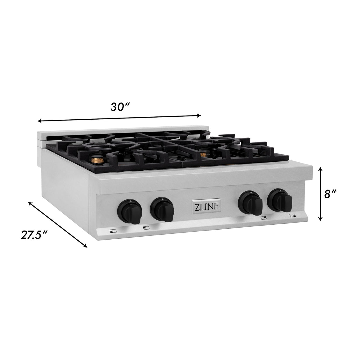 30-inch 4-burner gas rangetop with black grates and front matte black control knobs