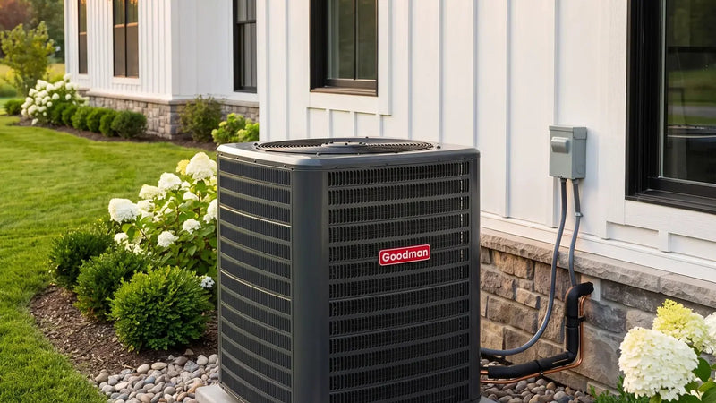 Goodman R-32 central air conditioner condenser on a concrete pad beside a white farmhouse