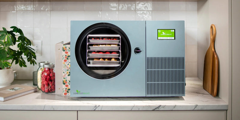 Harvest Right Countertop 360 freeze dryer in Pale Blue on a kitchen counter