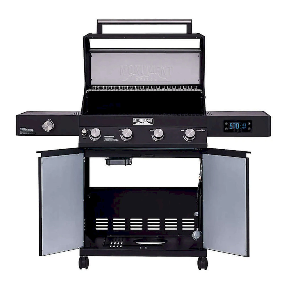 Black propane gas grill cart with open hood and front control panel