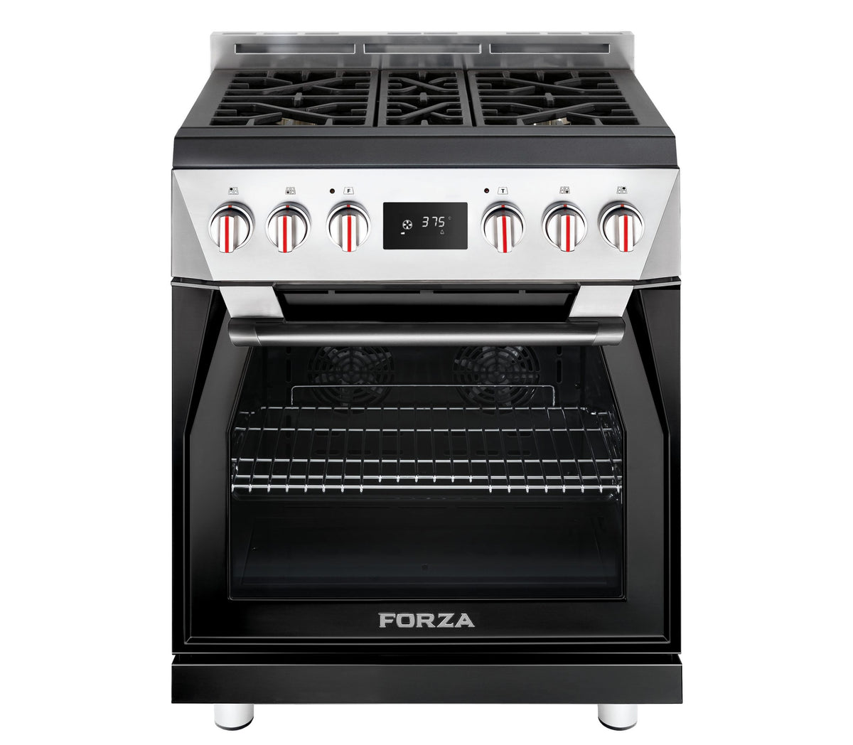 FORZA 30-inch dual fuel range with black front, oven door open, and control knobs