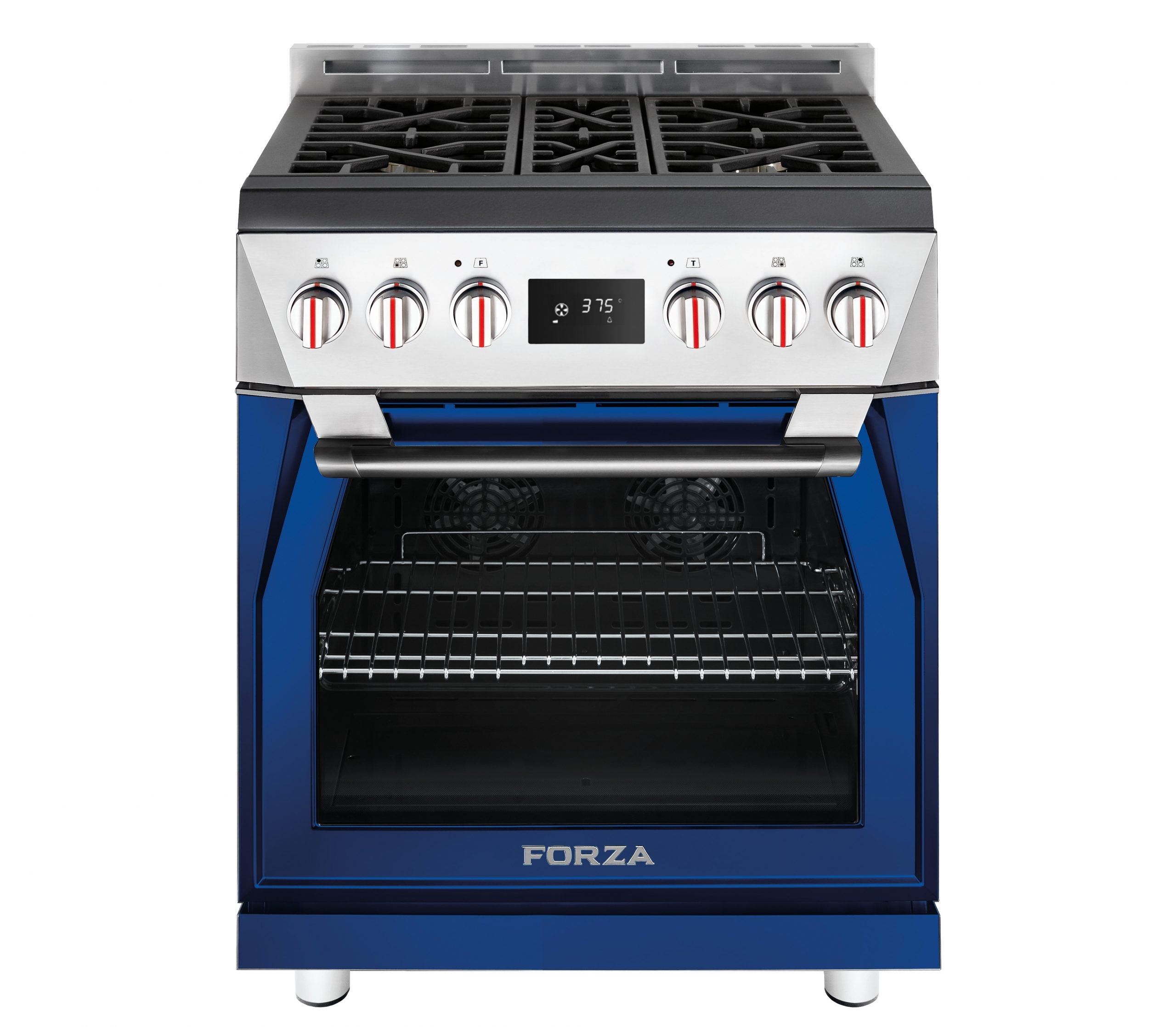 30-inch dual fuel range with blue exterior, front knobs, and open oven door