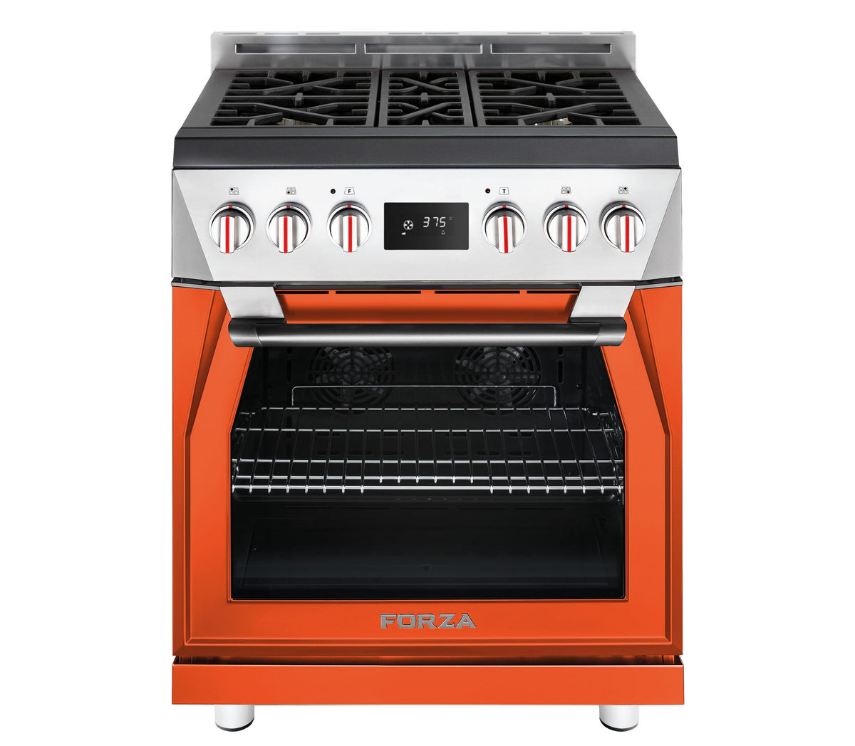 Forza 30-inch dual fuel range in Ardente Orange, with oven door and control knobs