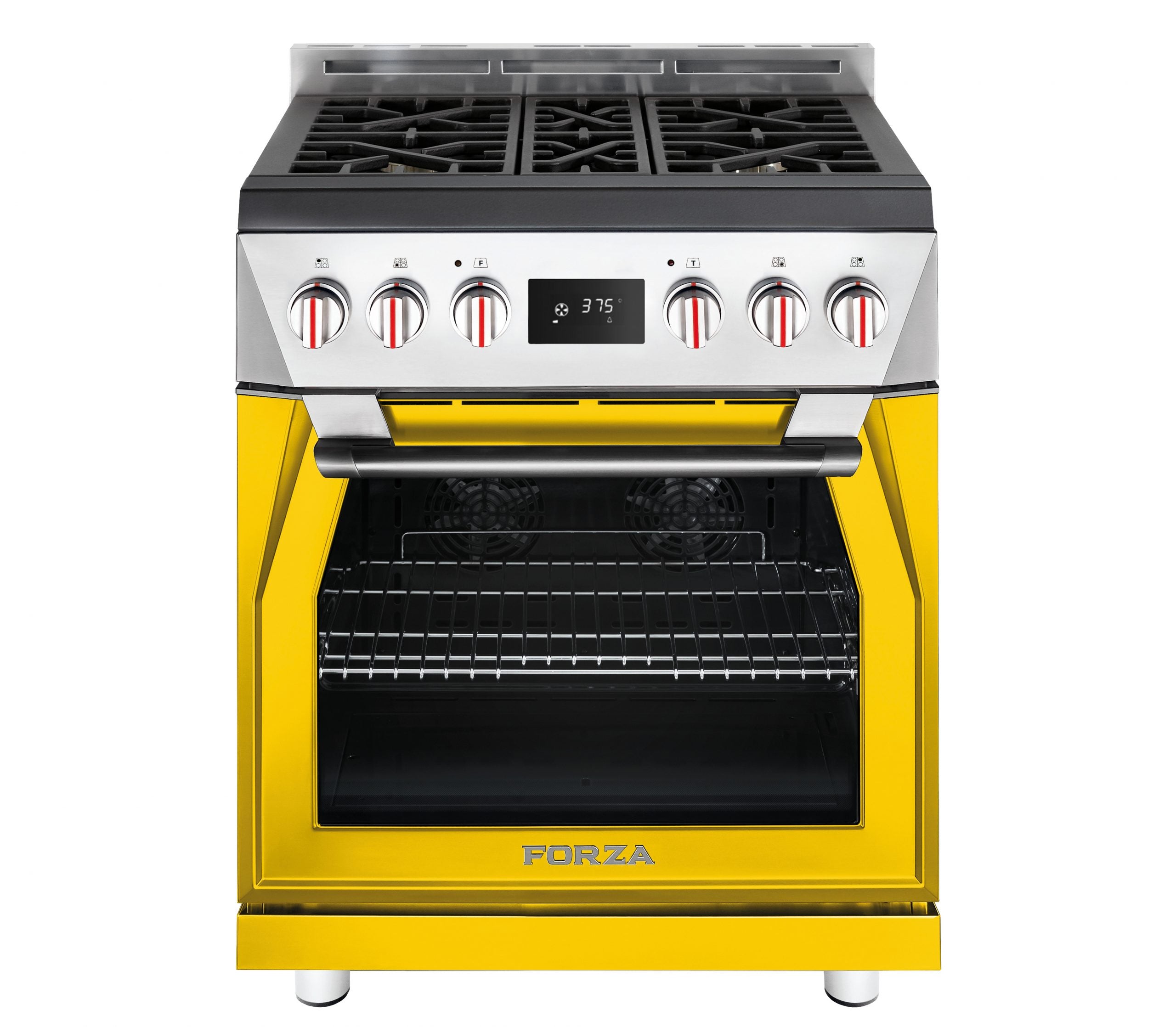 30-inch dual fuel range with stainless top, ribelle yellow body, front knobs, and oven door window