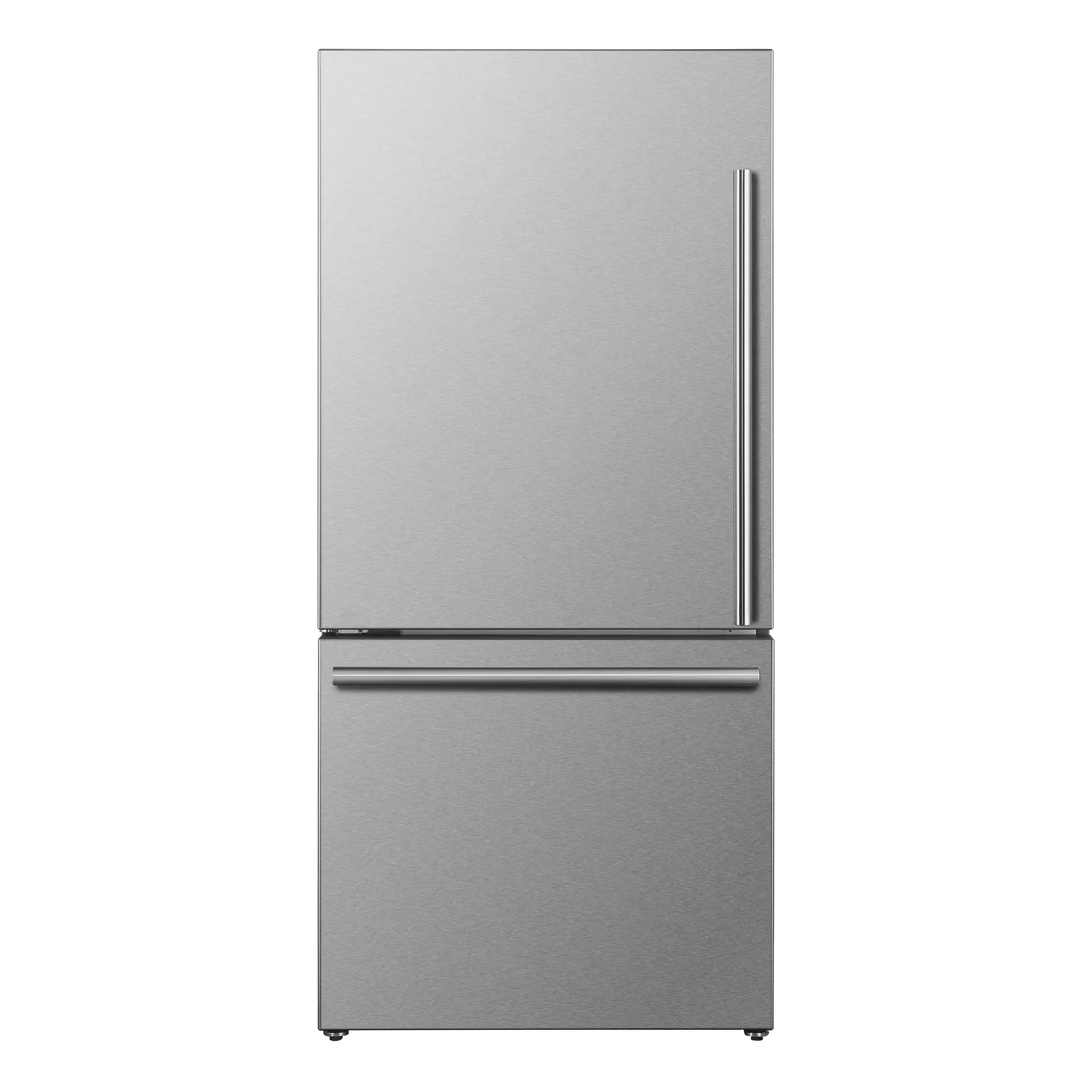 Stainless steel dual bottom freezer refrigerator front view with vertical and horizontal handles