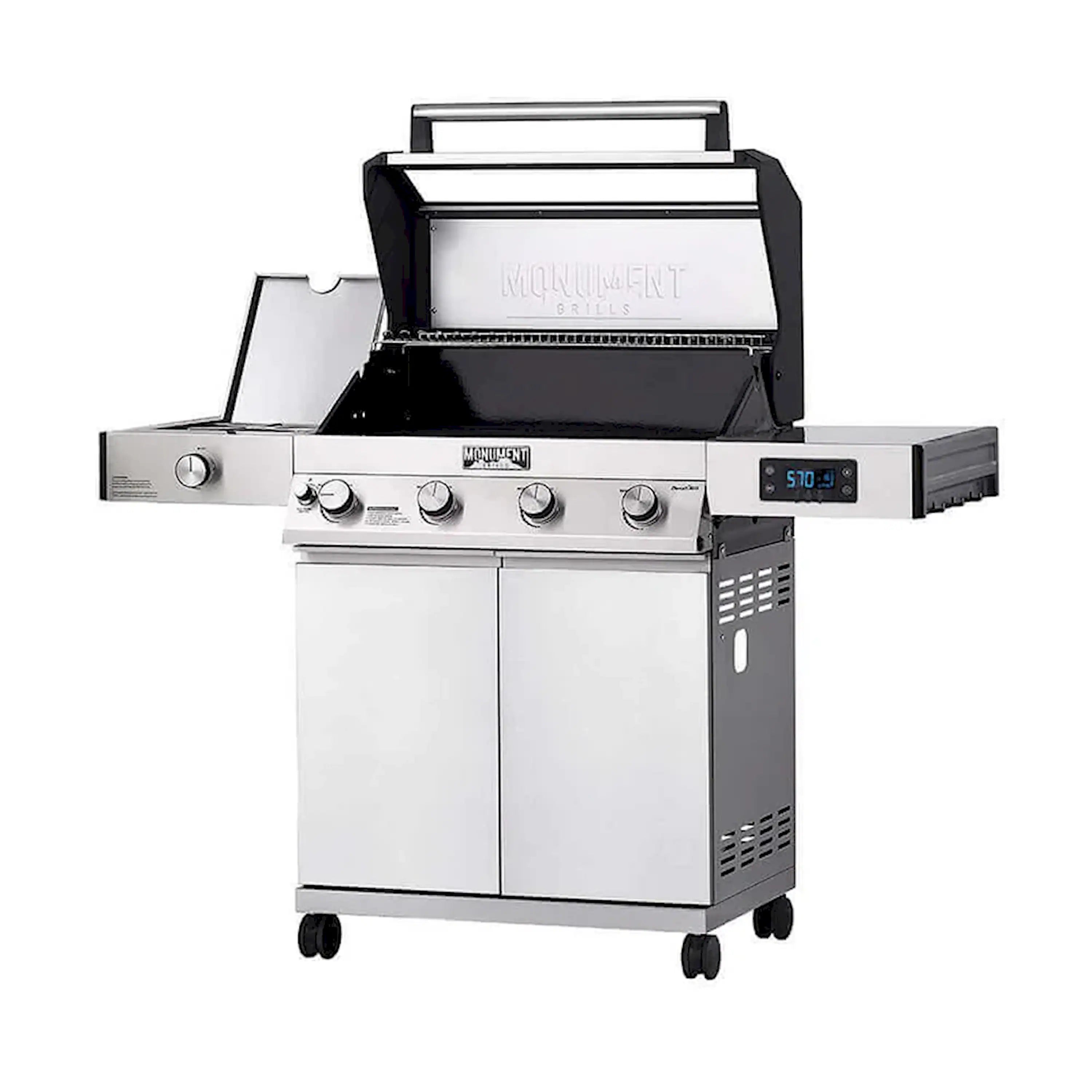 Stainless steel propane gas grill with open lid and digital temperature display