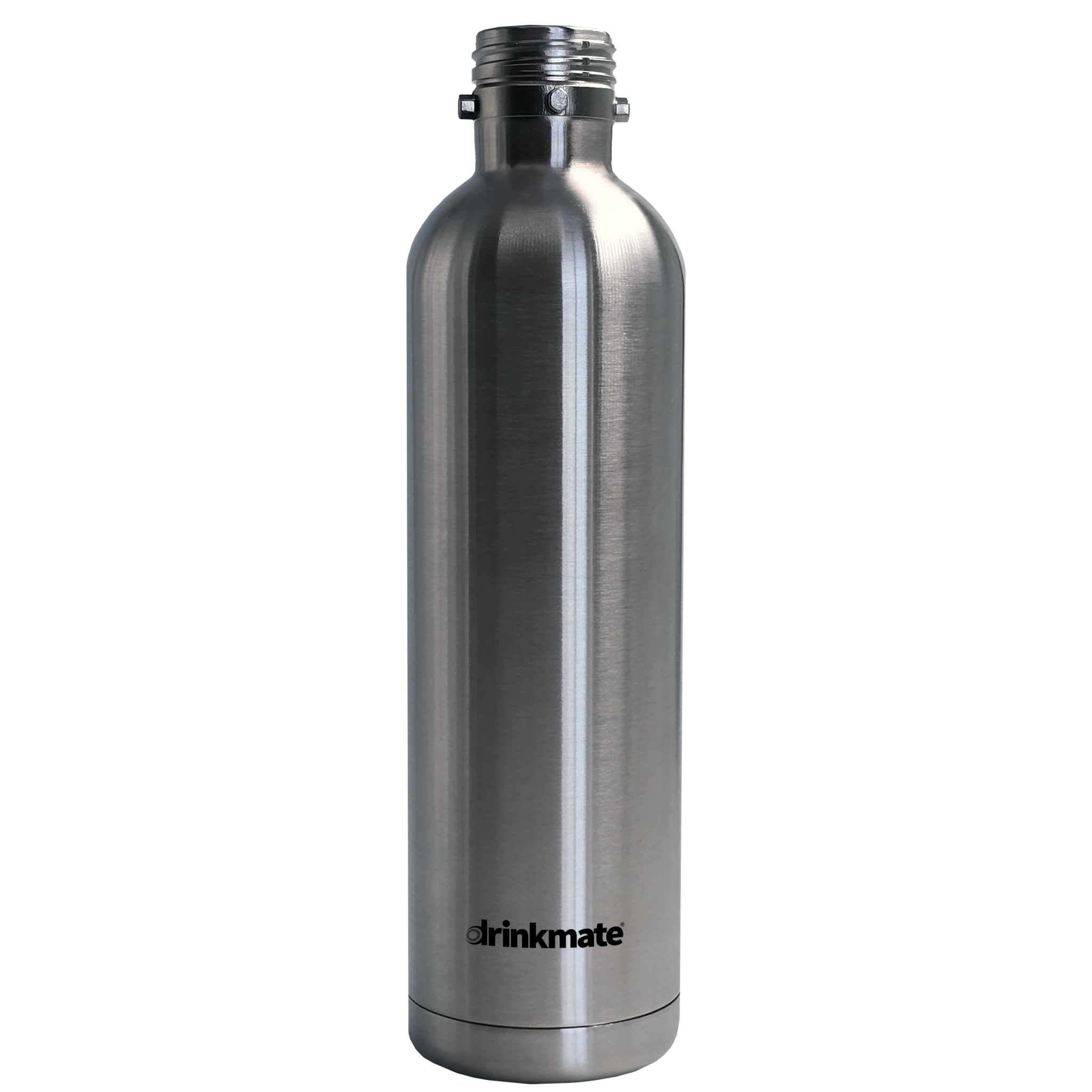 Stainless steel carbonation bottle with ribbed threaded neck and Drinkmate logo