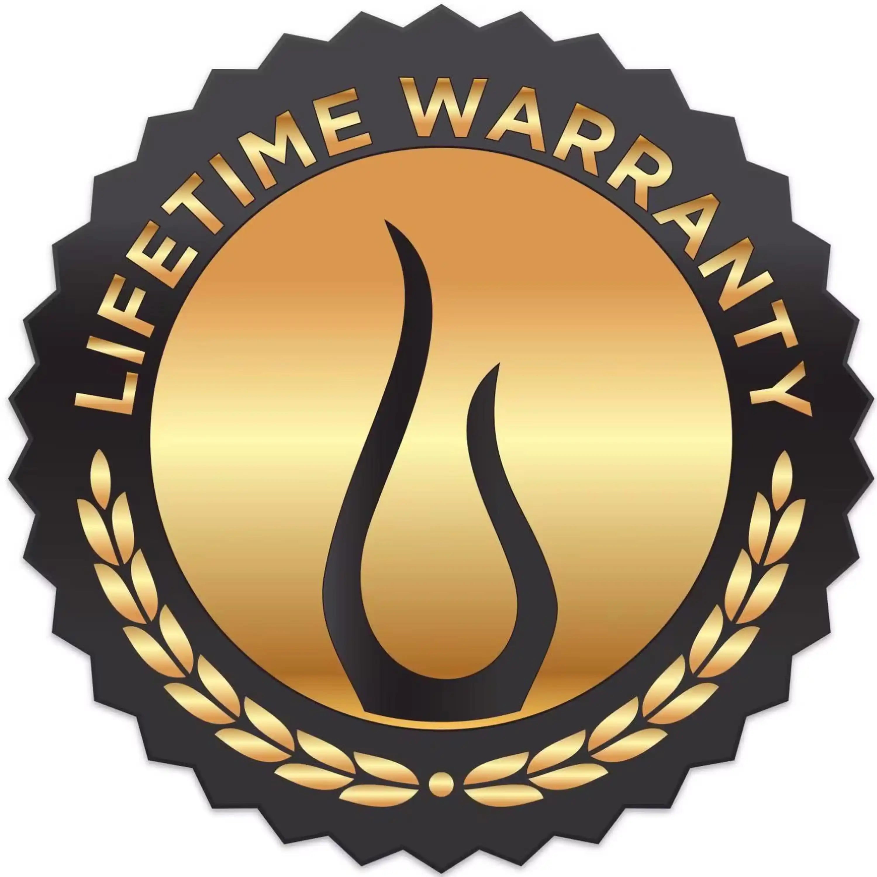 Lifetime warranty emblem with flame icon and gold lettering