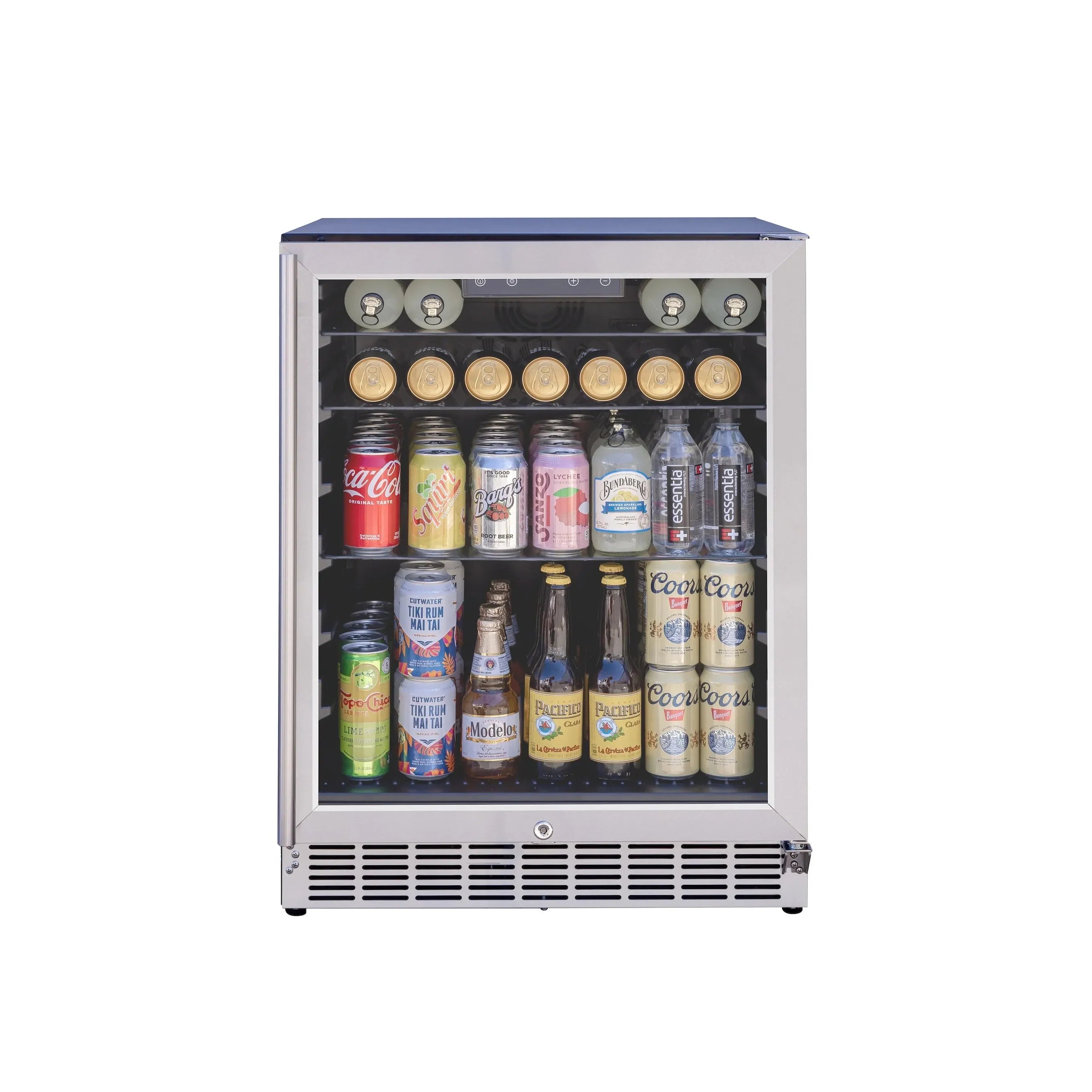 Outdoor fridge with glass door displaying multiple cans and bottles on black shelves