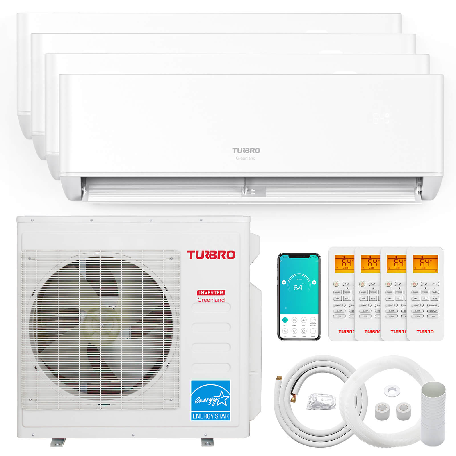 Quad-zone mini split AC heat pump system with indoor unit, outdoor condenser, remote kit