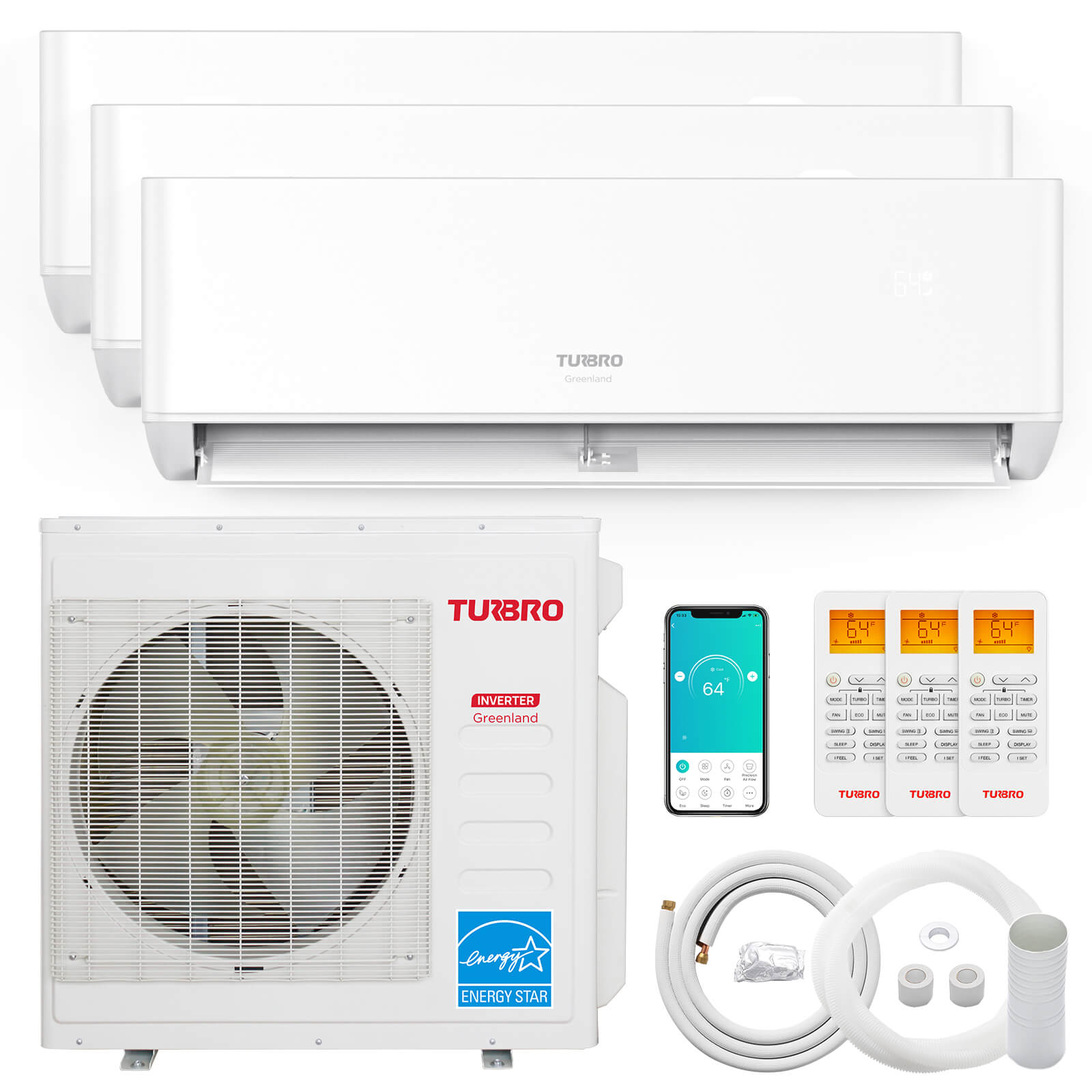 Tri-zone mini split AC system with indoor unit, outdoor condenser, and remote kit