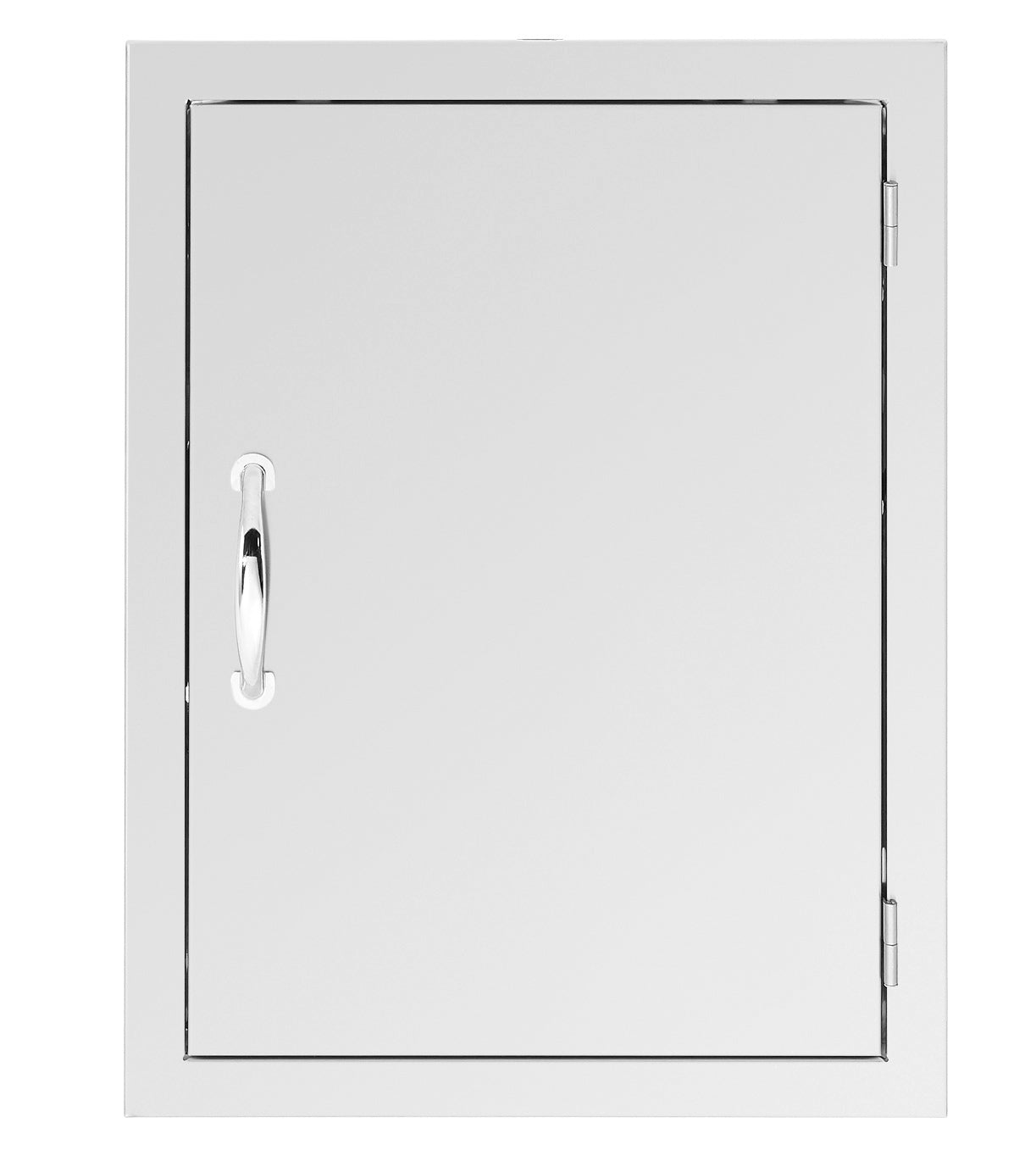 Vertical access door masonry frame with metal handle and latch, square white panel