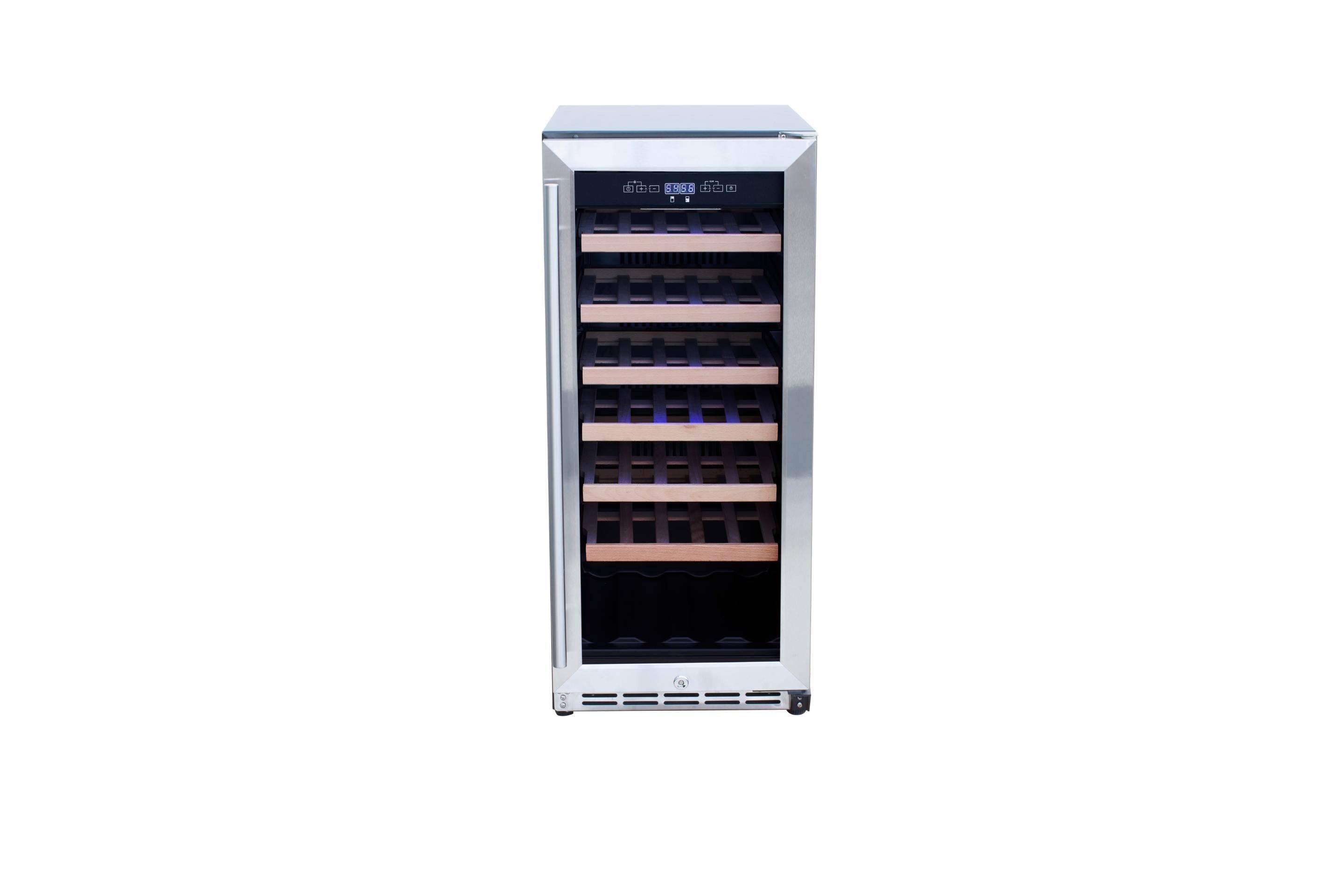 Stainless steel outdoor wine cooler with black glass door and wooden wine racks