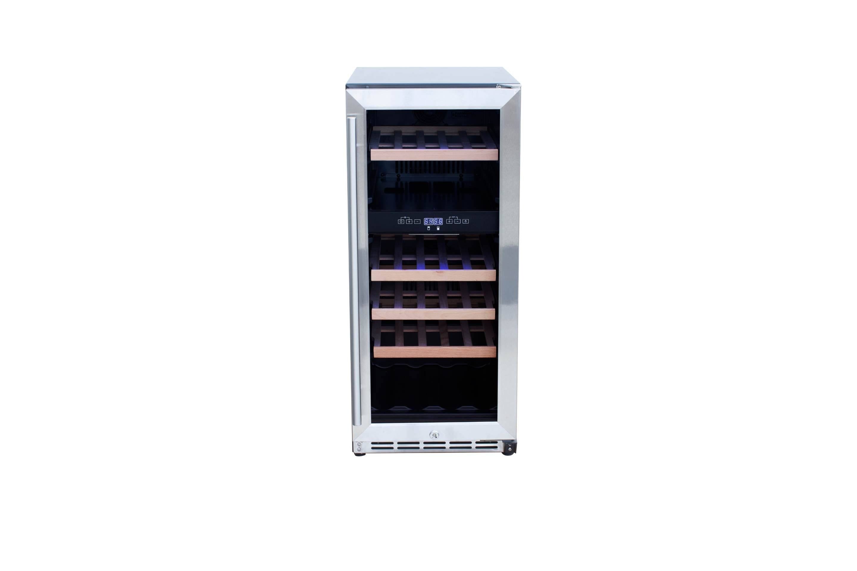 Stainless steel wine cooler with glass front, dual-zone shelves, and wooden wine racks