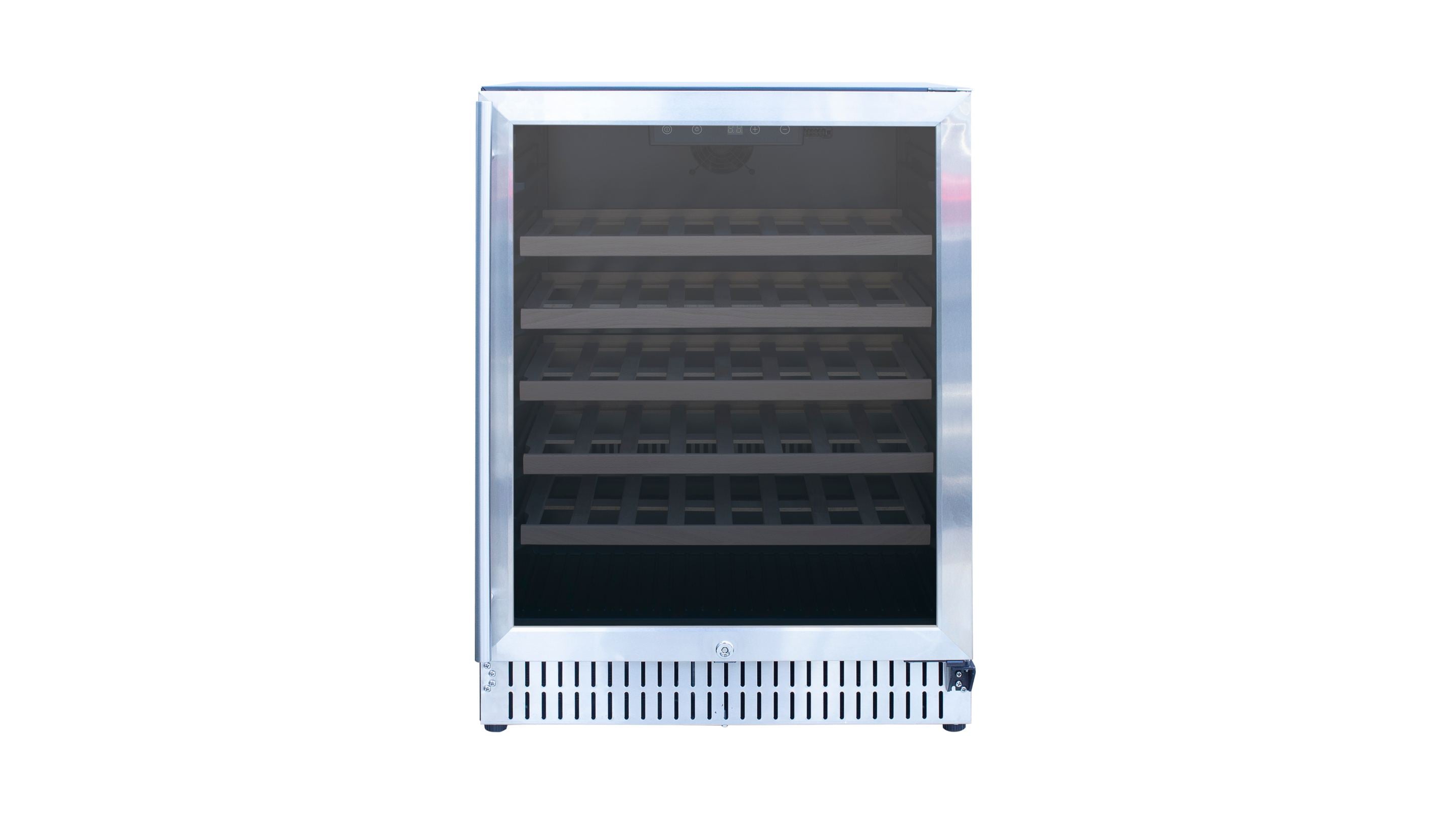Stainless steel outdoor wine cooler with front glass door and empty interior racks
