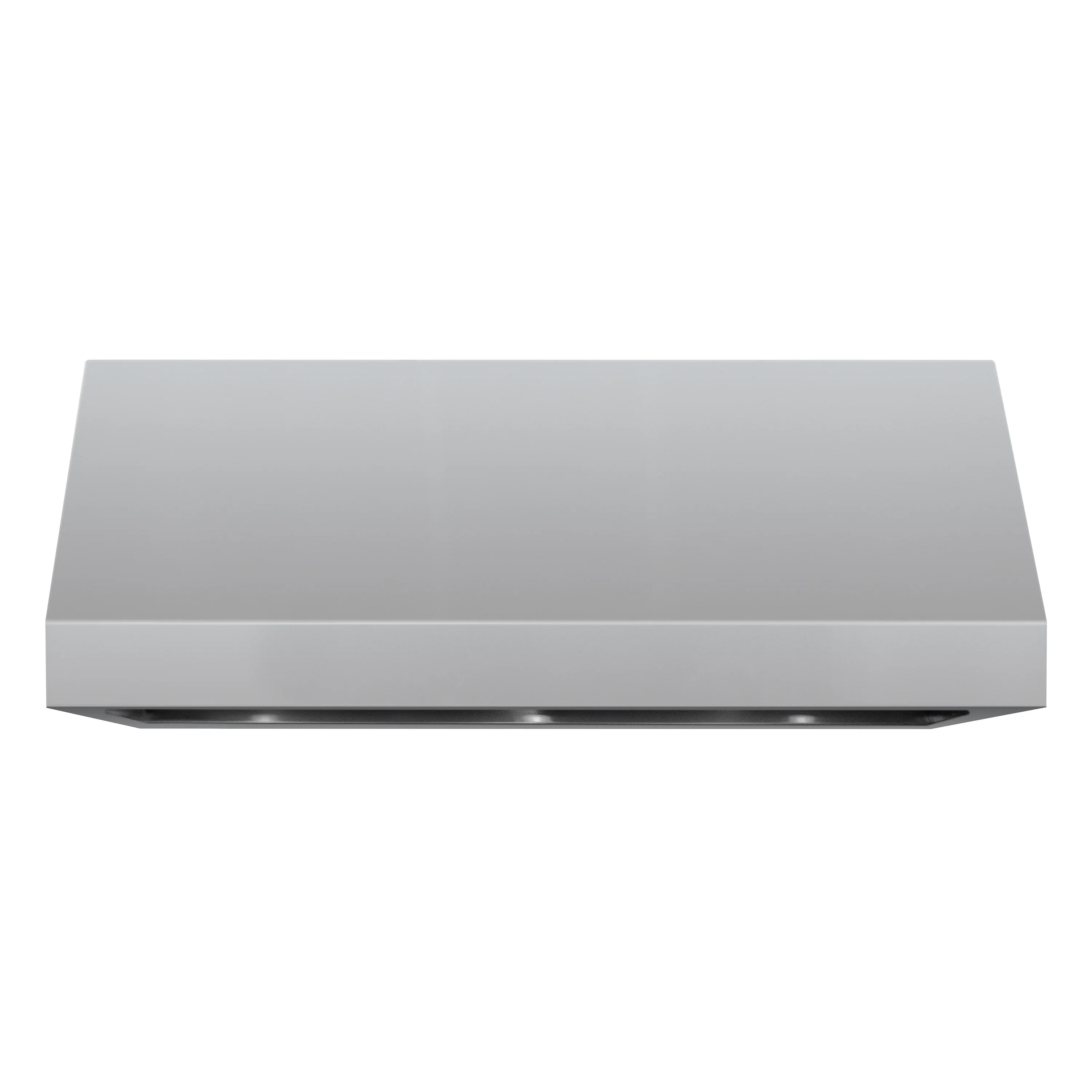 Stainless steel wall mount range vent hood with flat canopy and front vent grille.