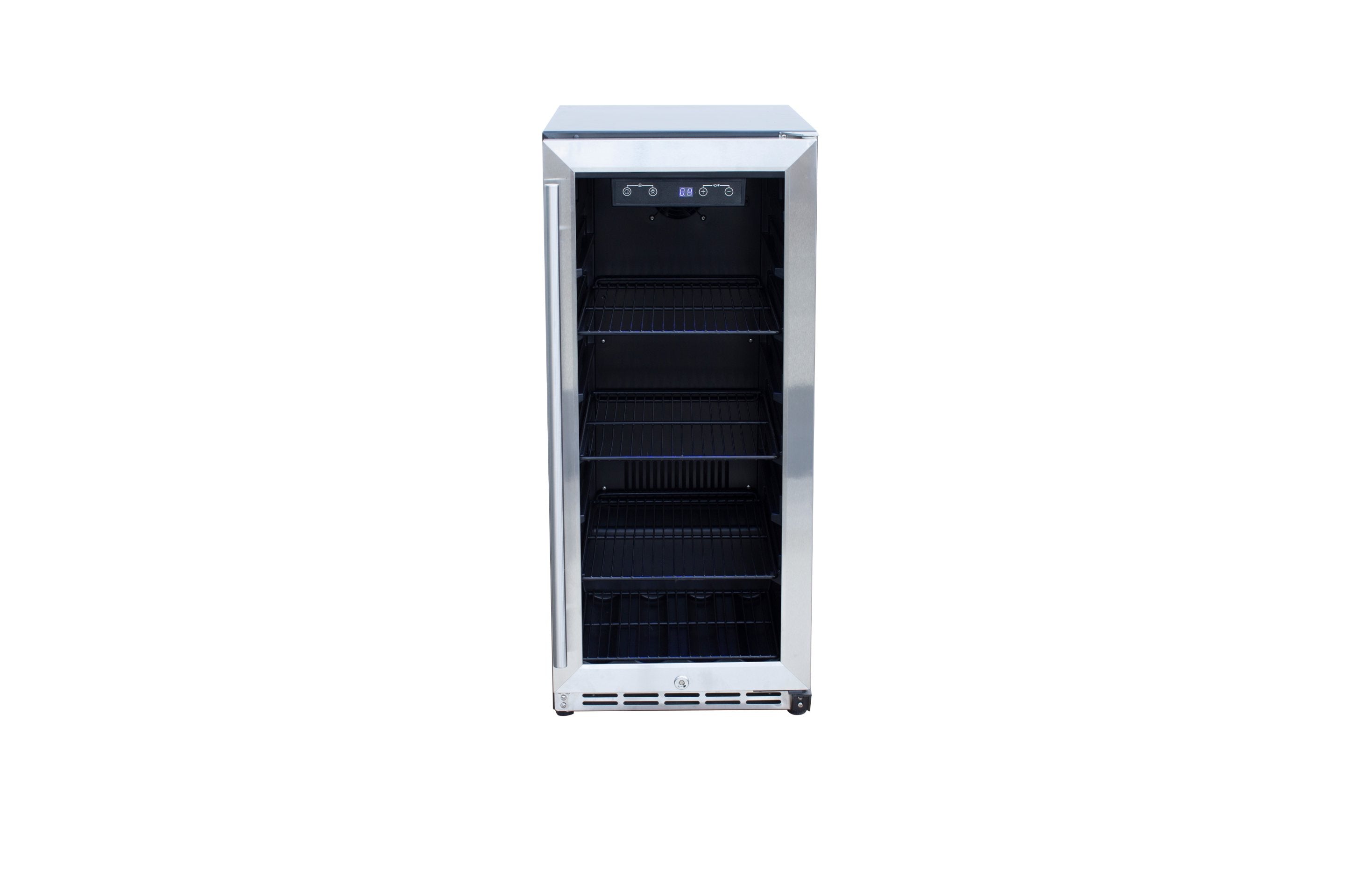 Outdoor refrigerator with glass door closed and interior rack visible