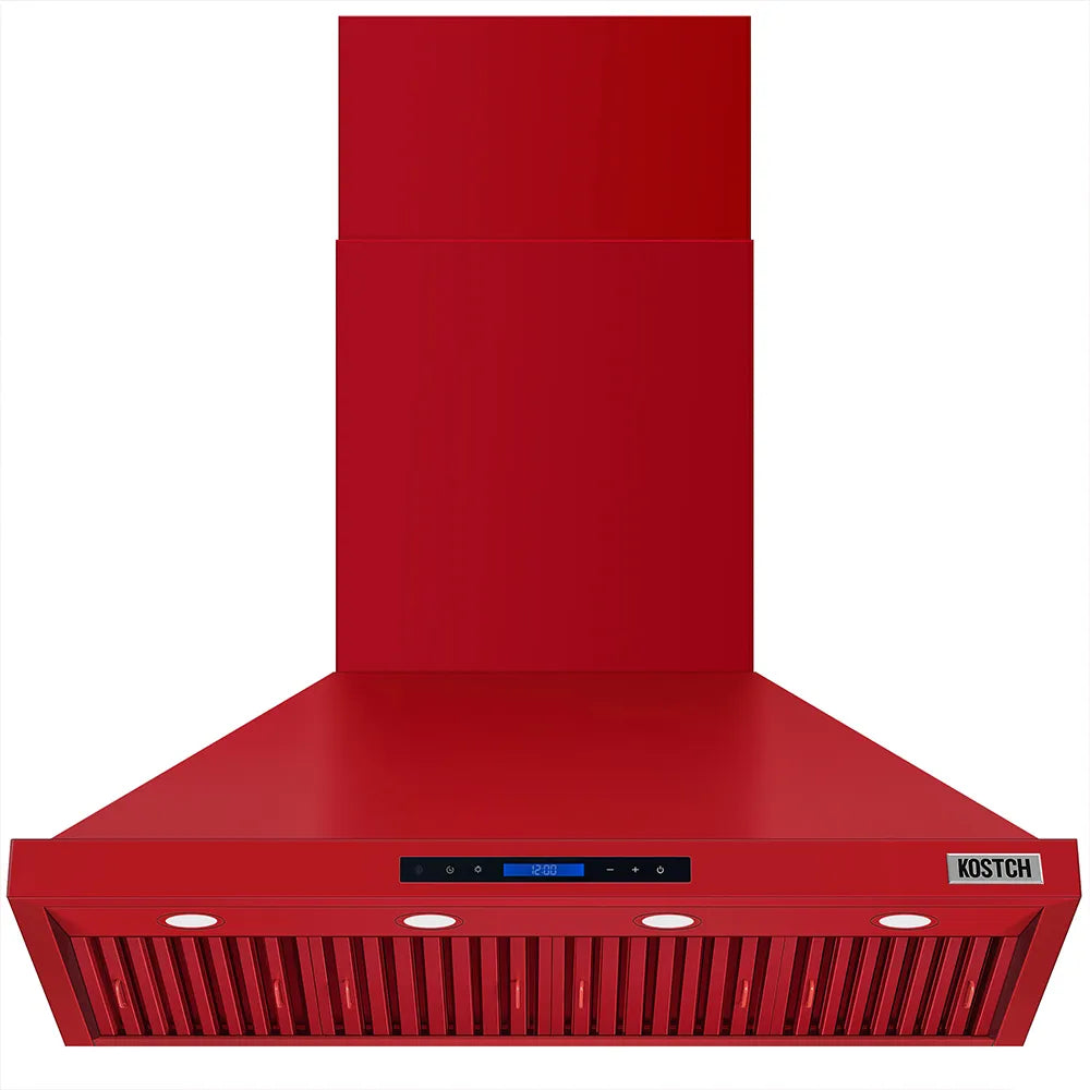 Red convertible range hood with chimney, front vent slats, and round light lenses.