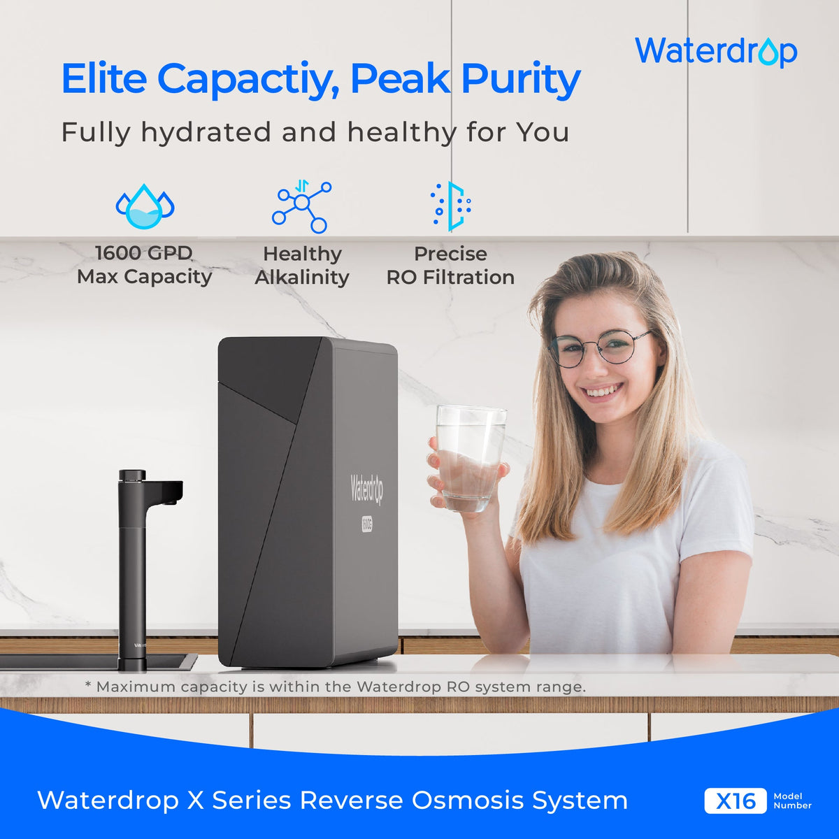 Black under-sink reverse osmosis system with tall countertop faucet and water glass