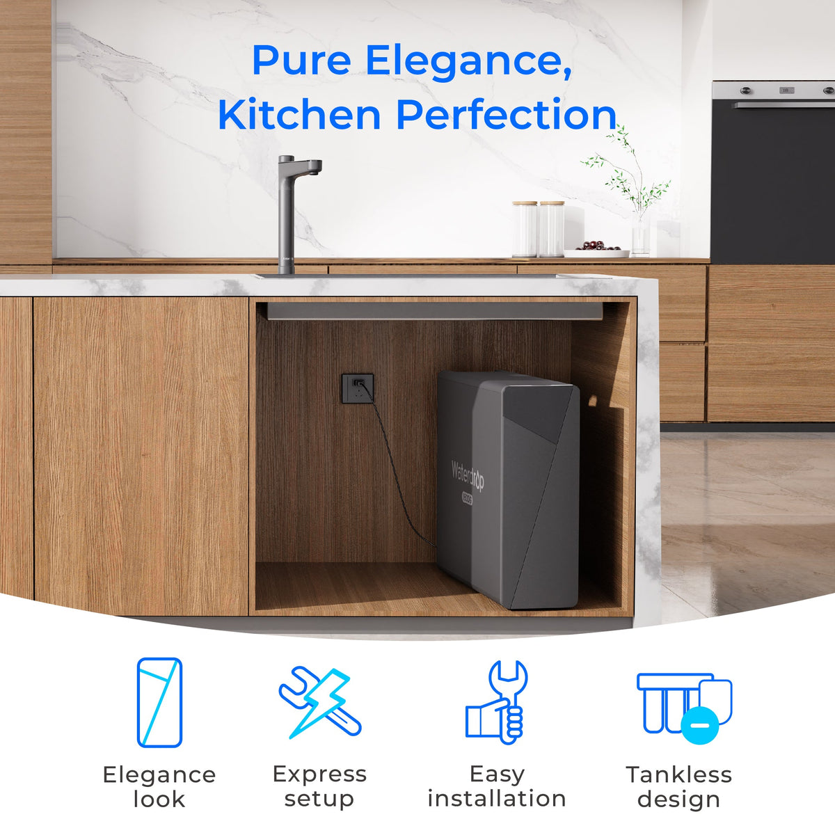 Under-sink reverse osmosis system in cabinet with black faucet in a modern kitchen