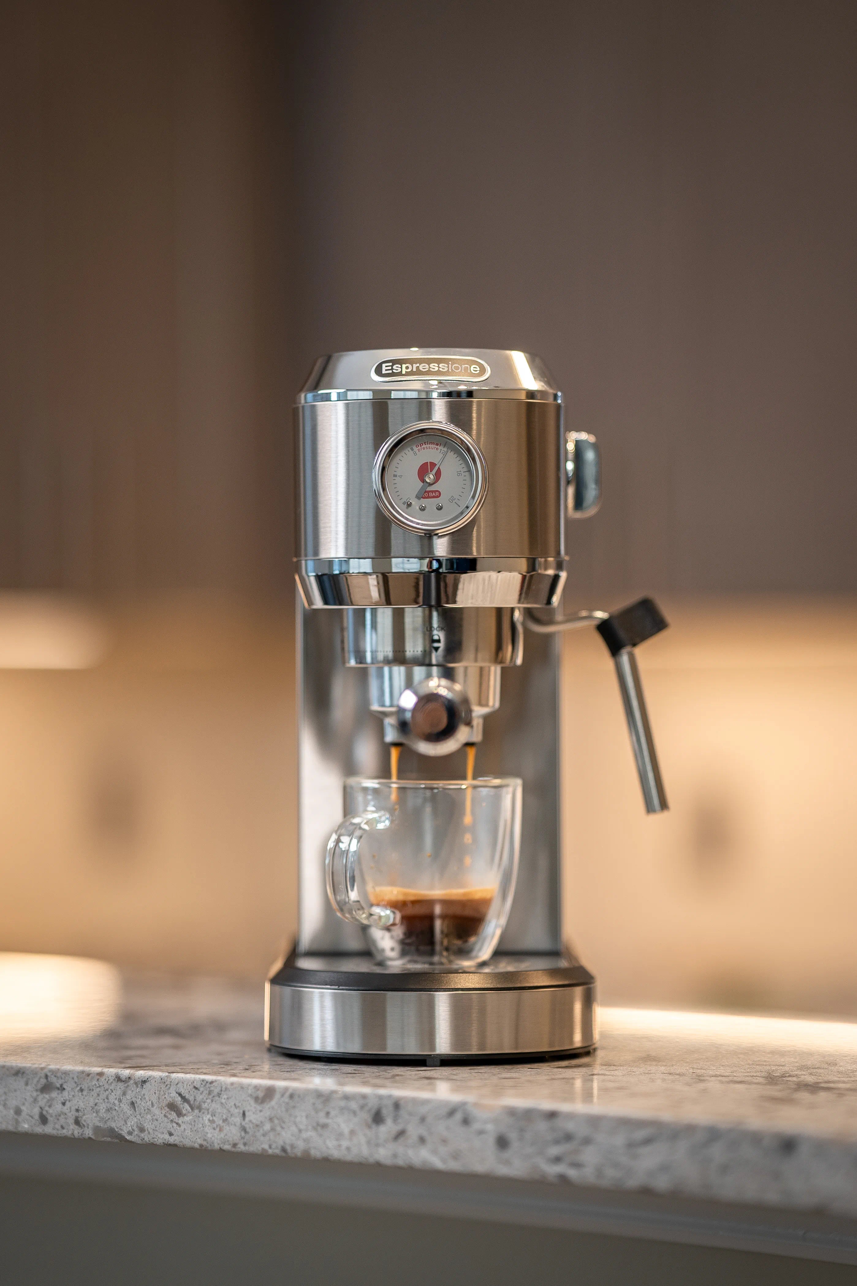 Espressione Flex manual espresso machine, chrome body with glass cup