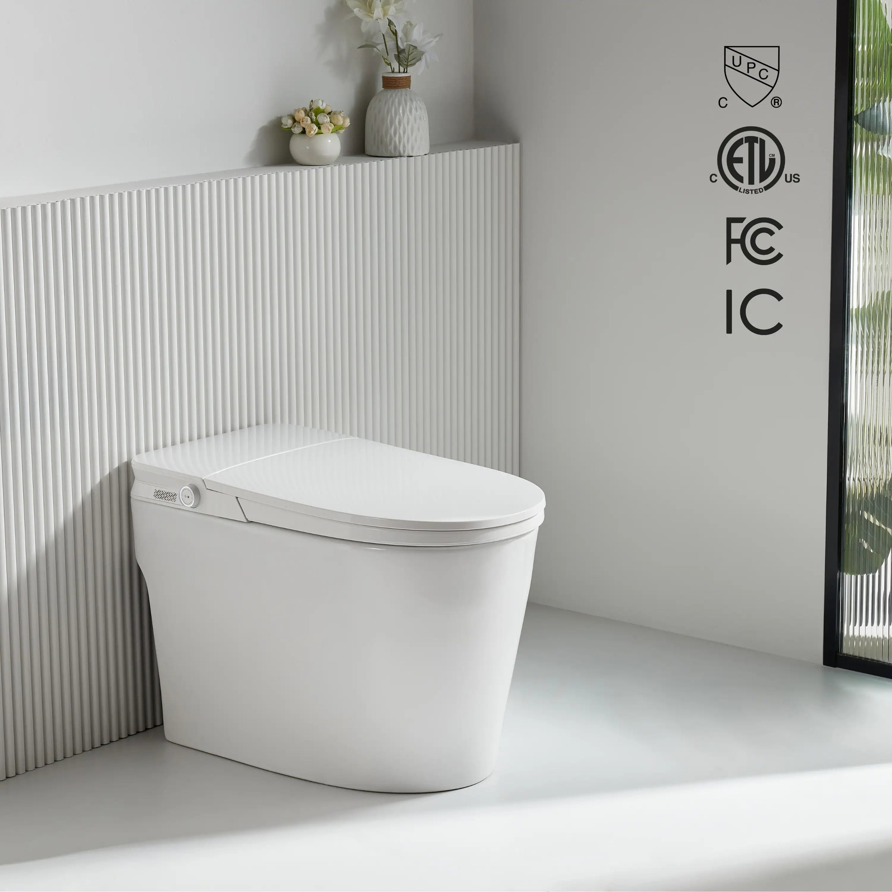 Smart toilet in white with closed lid, installed in a modern bathroom.