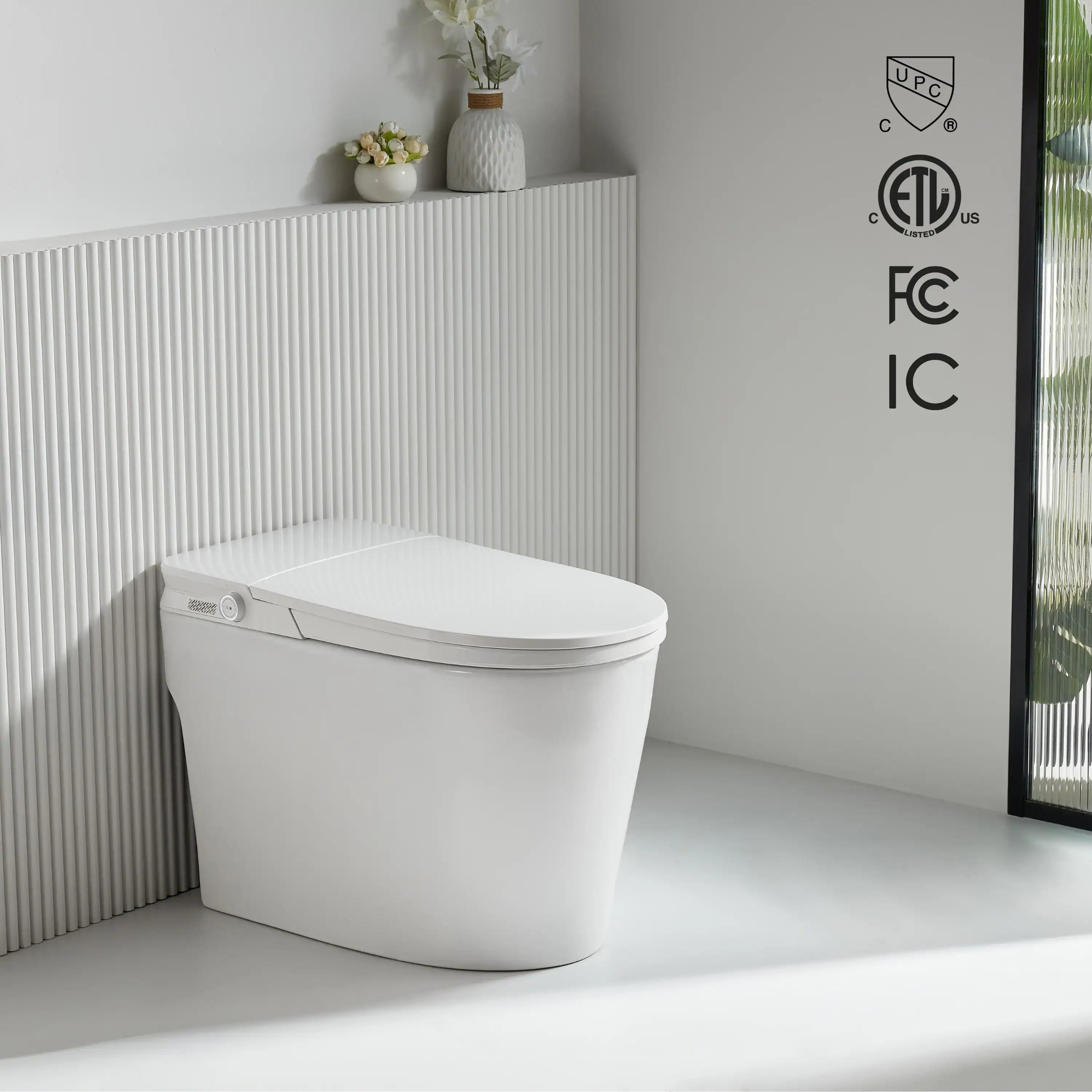 White tankless smart toilet with smooth sides and softly closed seat