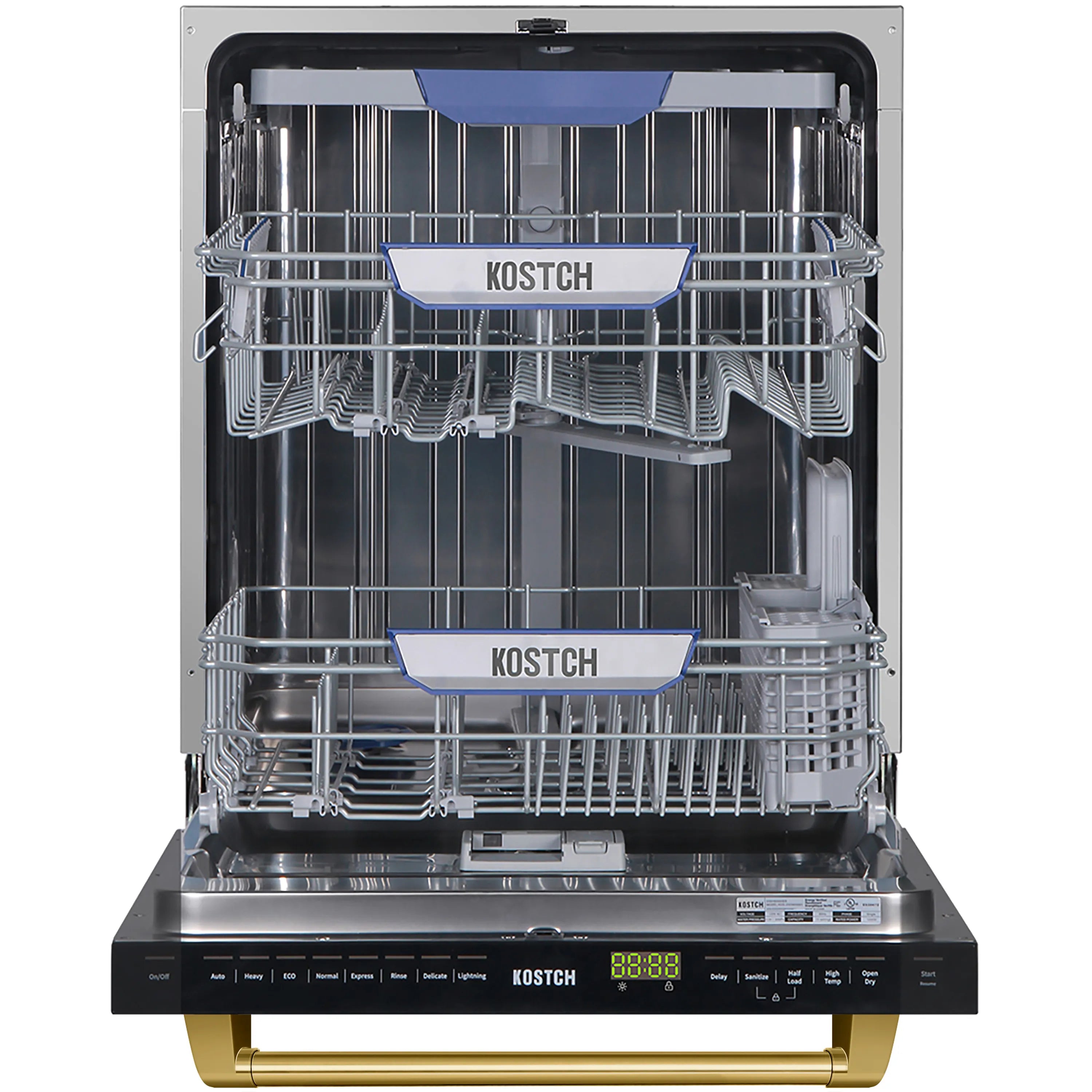 Open built-in dishwasher with chrome racks and blue KOSTCH basket labels