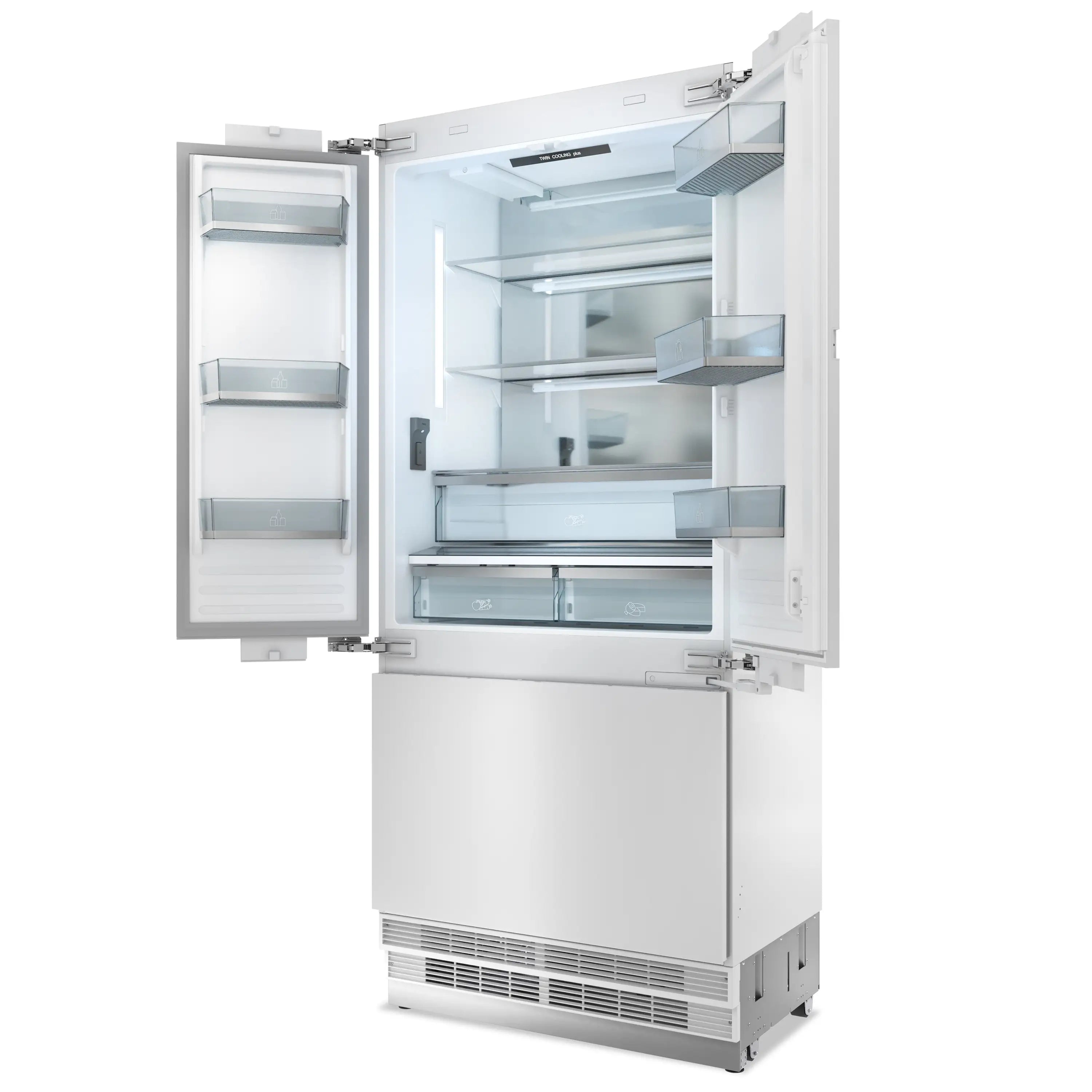 Panel-ready refrigerator with bottom freezer, open interior shelves and drawers