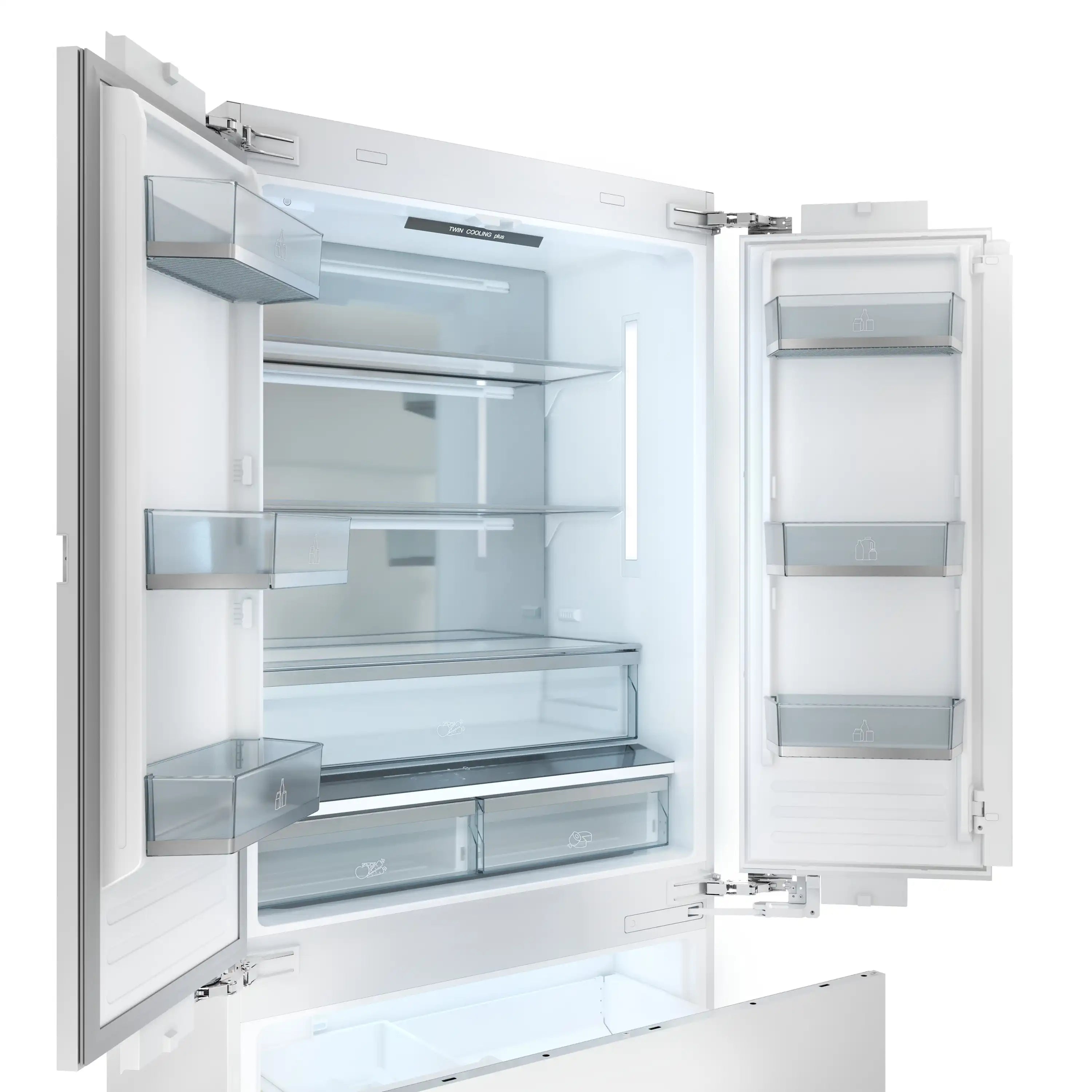 Panel-ready refrigerator interior with glass shelves, bins, and drawers