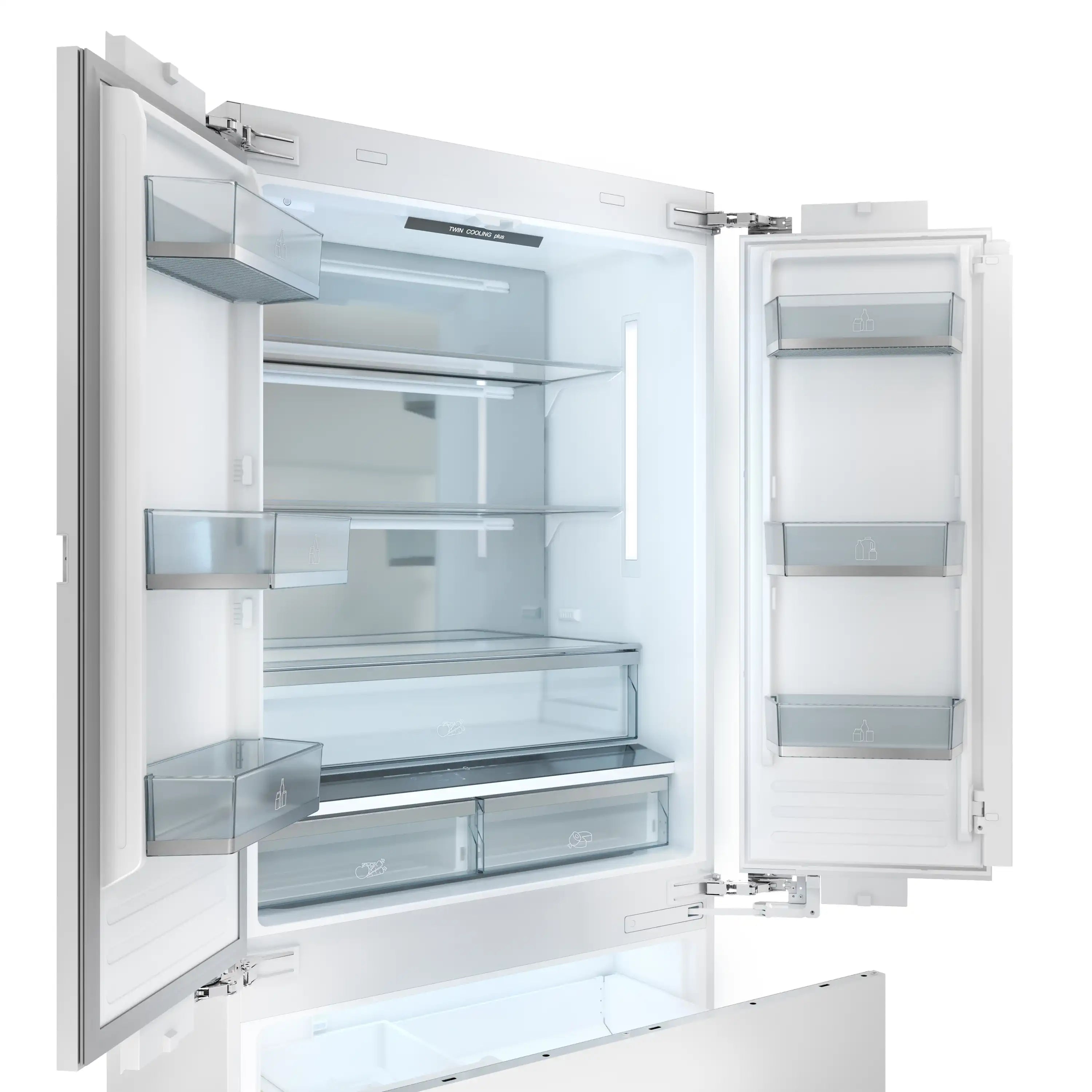 Panel-ready refrigerator with open doors, glass shelves and drawers, bright interior