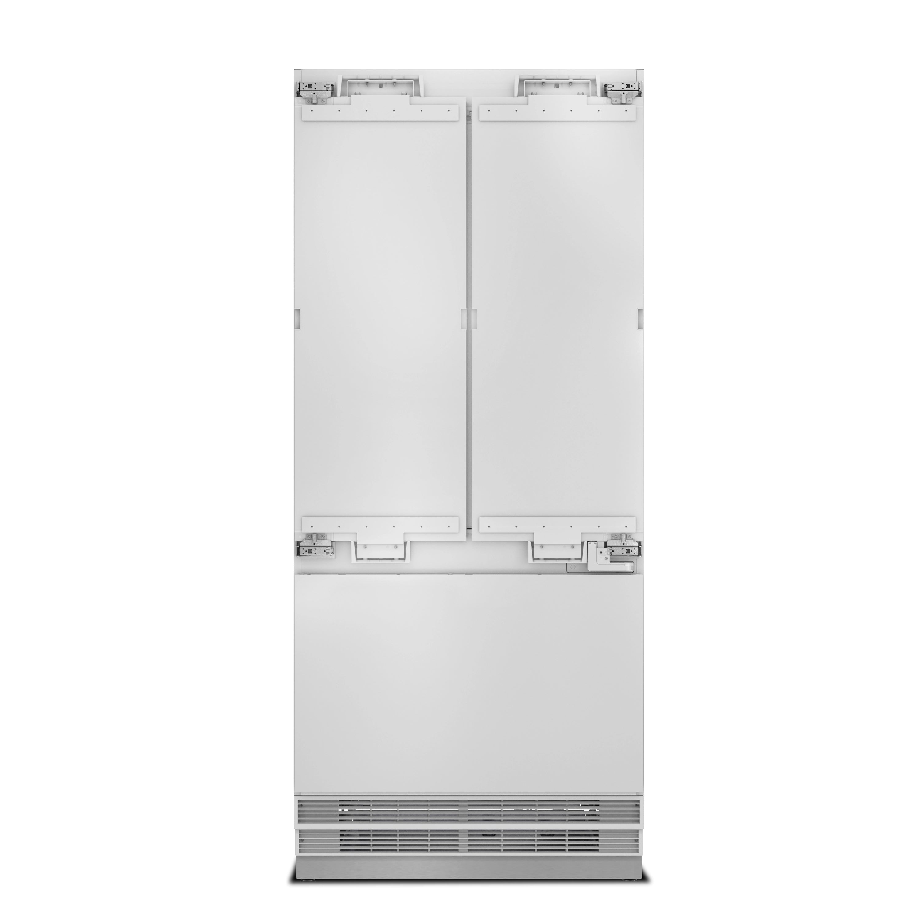 Panel-ready refrigerator with doors open showing internal hinges and bottom vent grille