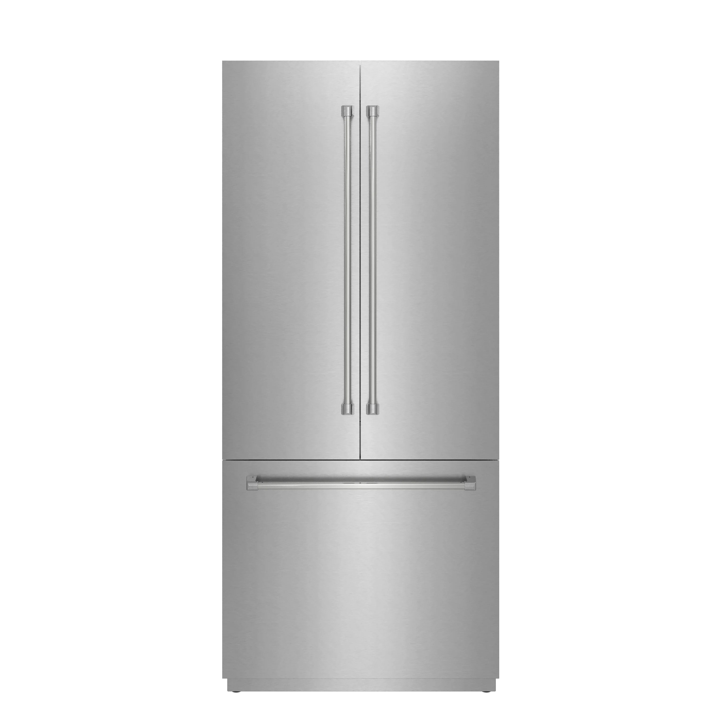 Stainless steel built-in refrigerator with two vertical handles and bottom freezer door
