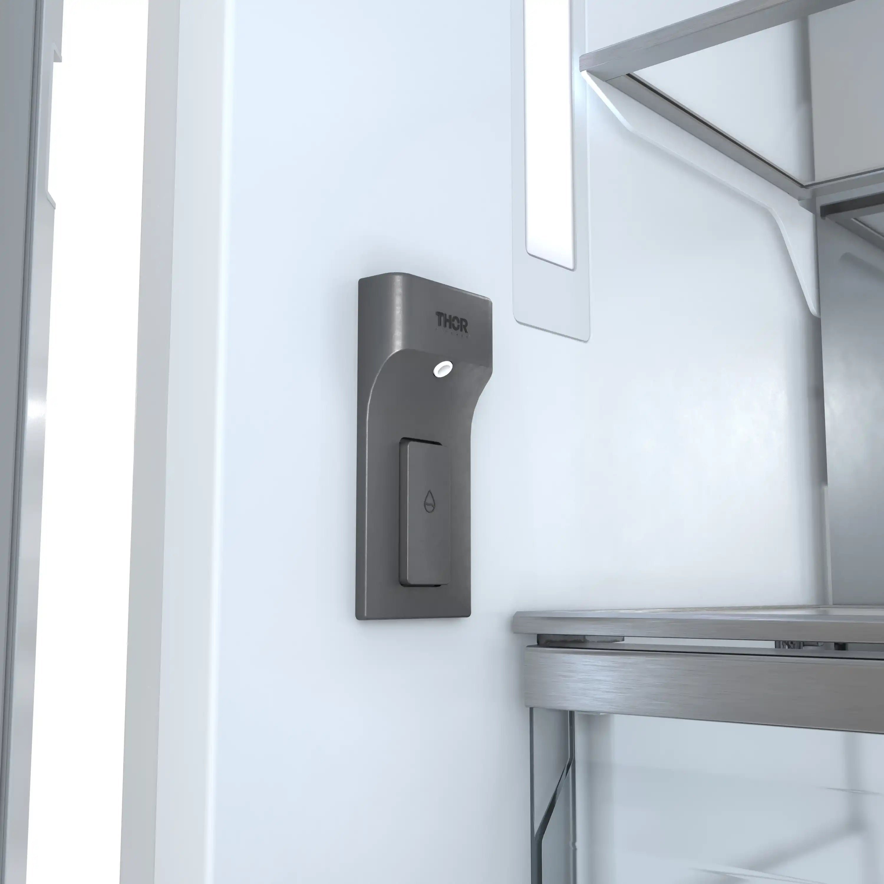 Internal water dispenser control on white refrigerator door with Thor logo
