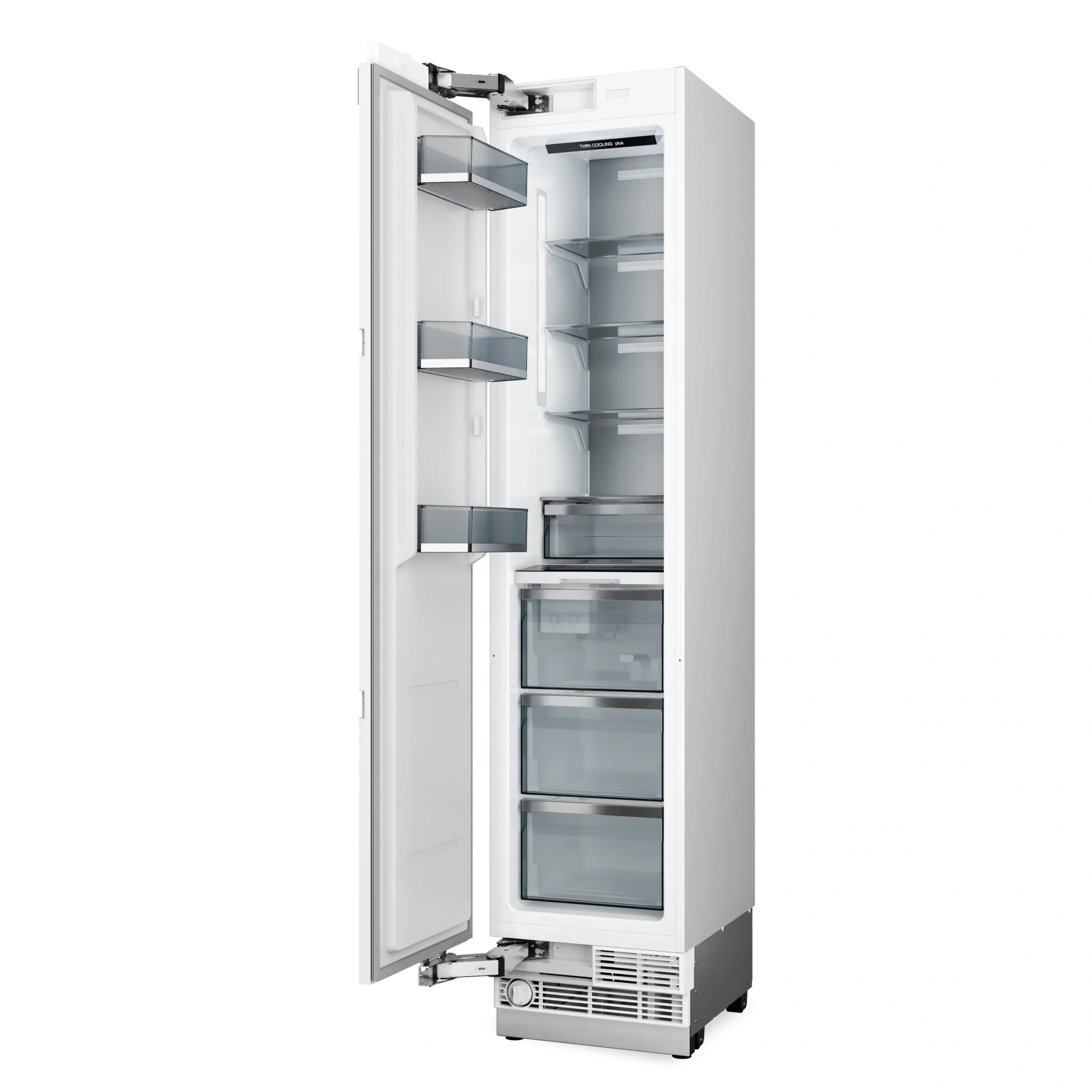 Open built-in refrigerator-freezer column with clear glass shelves and drawers
