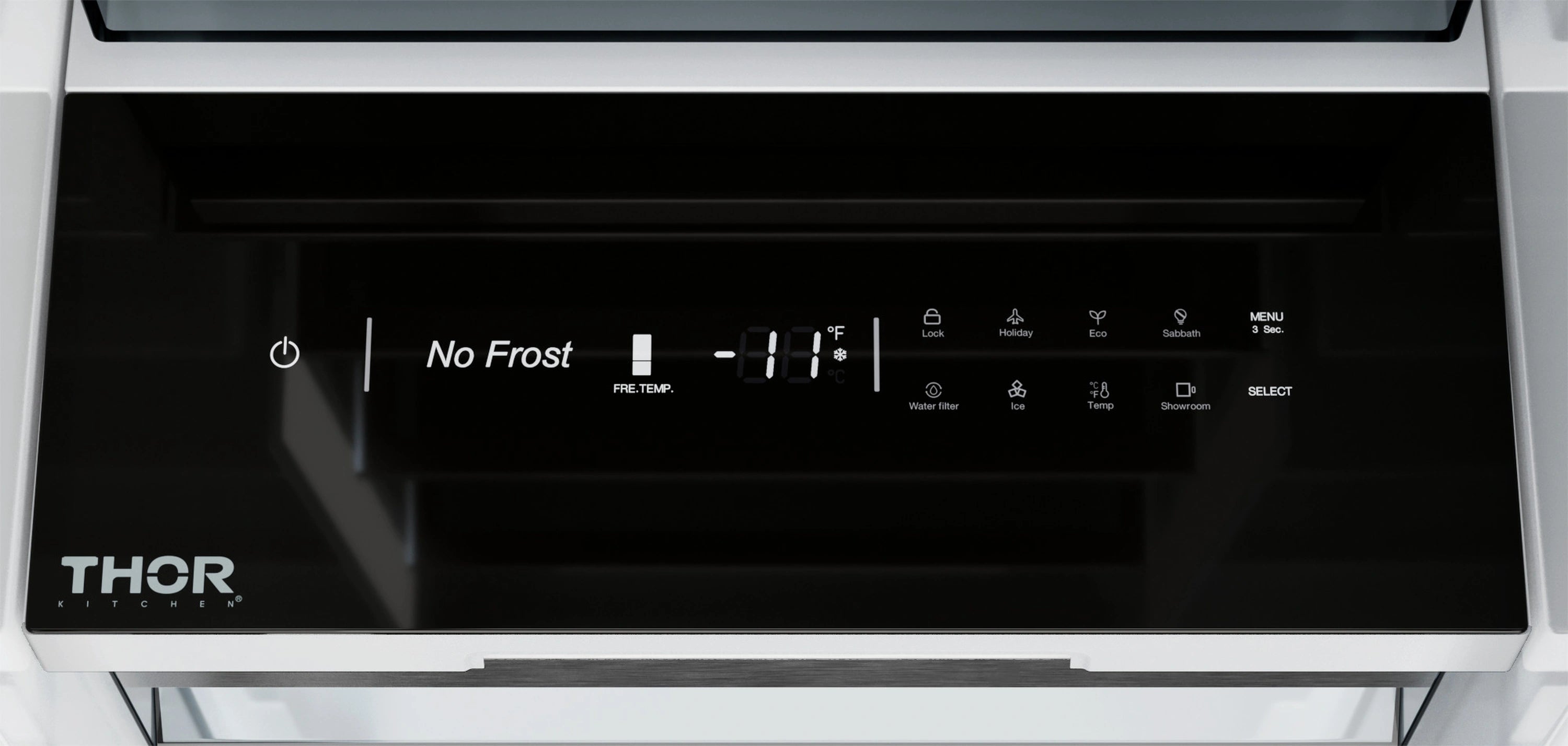 Stainless steel freezer control panel with No Frost settings and THOR logo