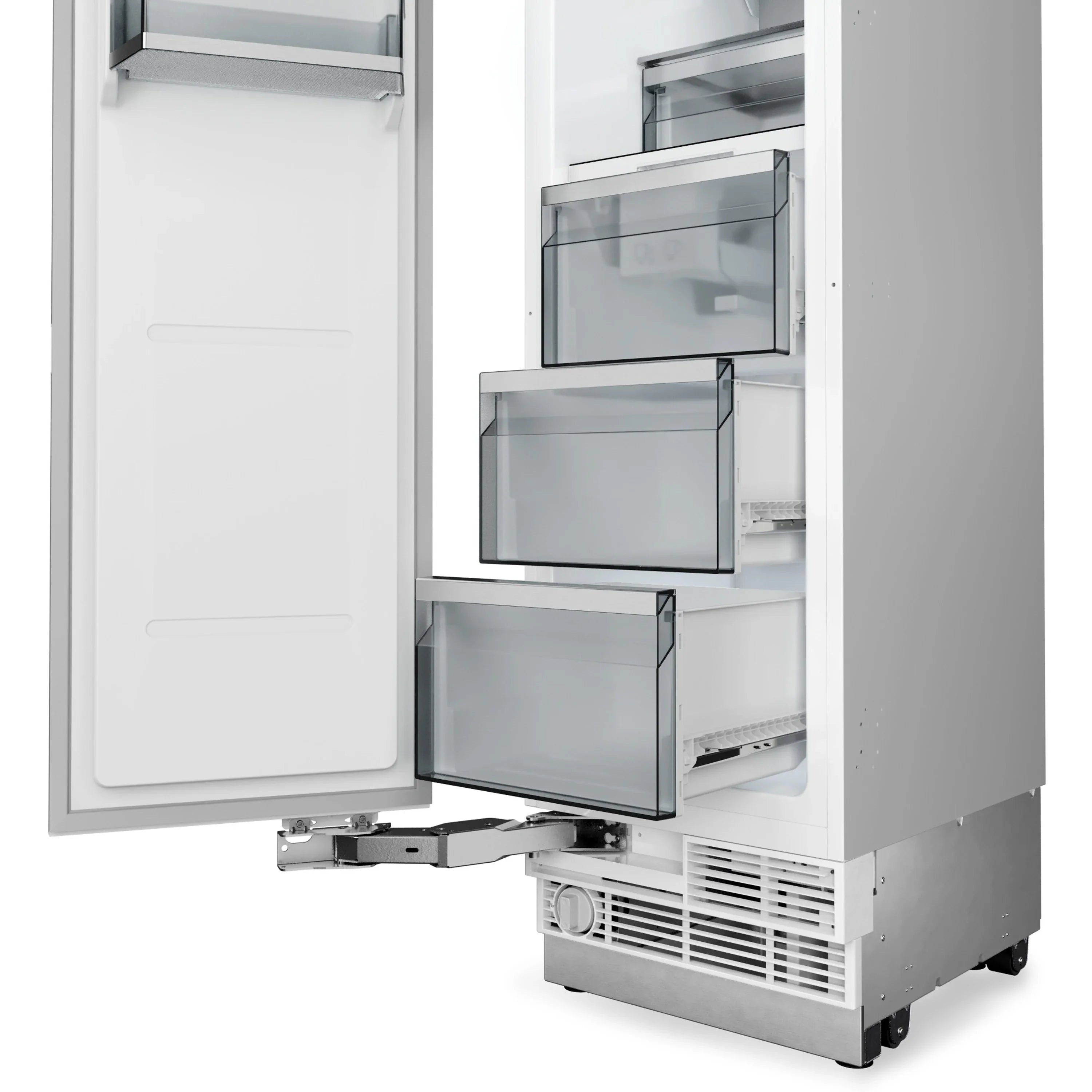 Open built-in freezer compartment with front bins and internal vented base