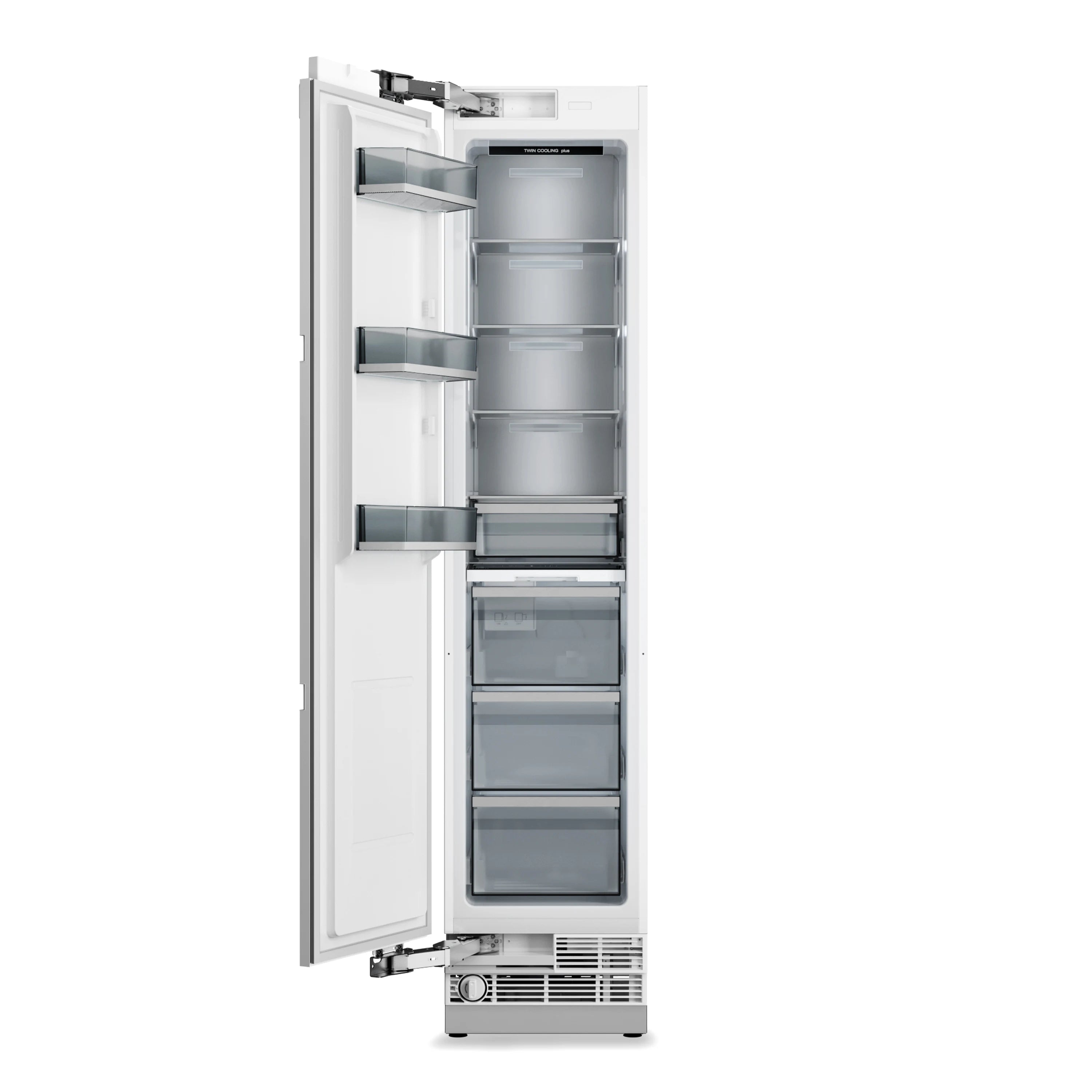 White column freezer with door open, interior shelves and drawers visible